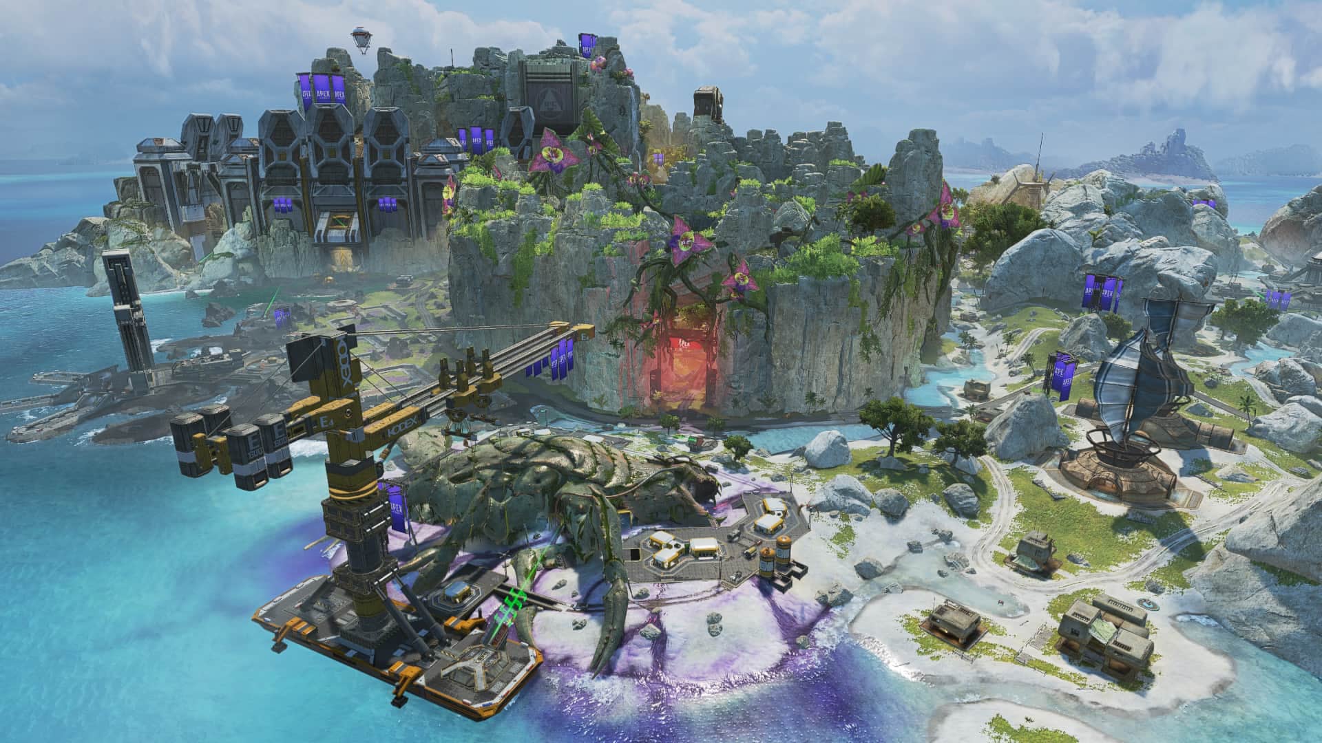 An aerial view of Storm Point, the largest map in Apex Legends, with the Season 13 addition of the Downed Beast point of interest on the beach.