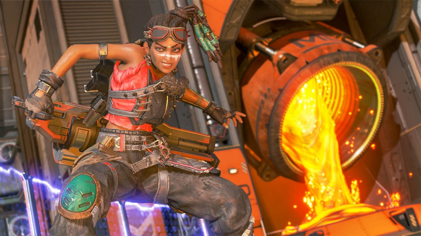 Apex Legends' Rampart stood in front of some pouring lava on the new Arenas map, Overflow.