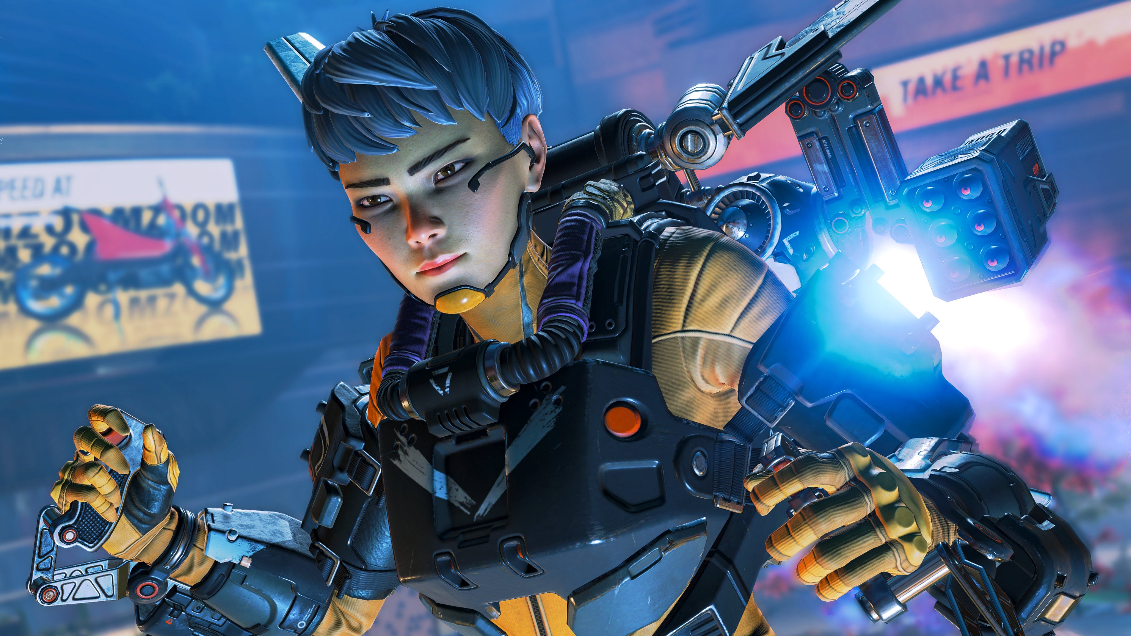 Promotional Apex Legends screenshot of Valkyrie hovering in the air with her jetpack.
