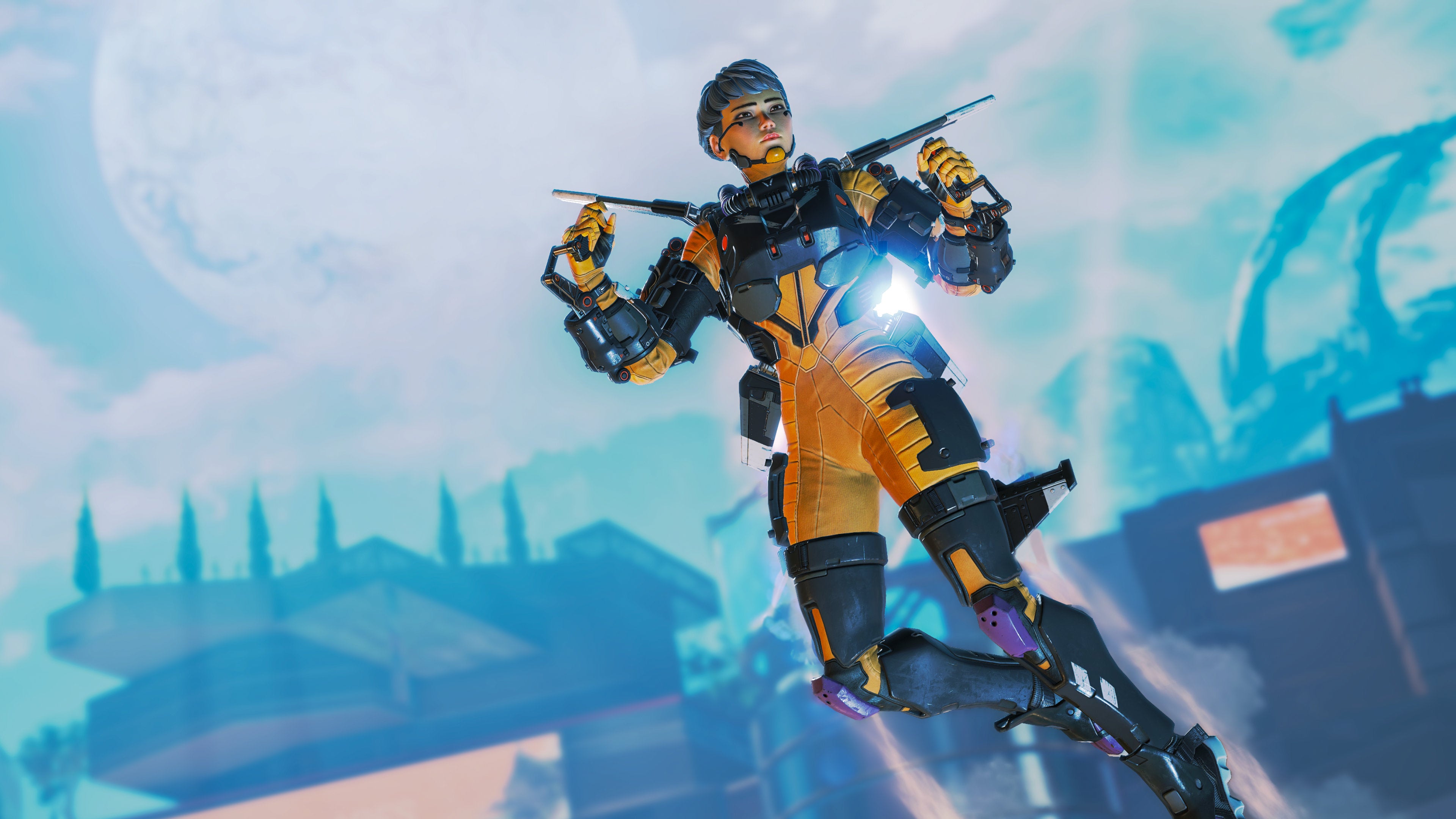 Promotional Apex Legends screenshot of Valkyrie hovering high in the air with her jetpack