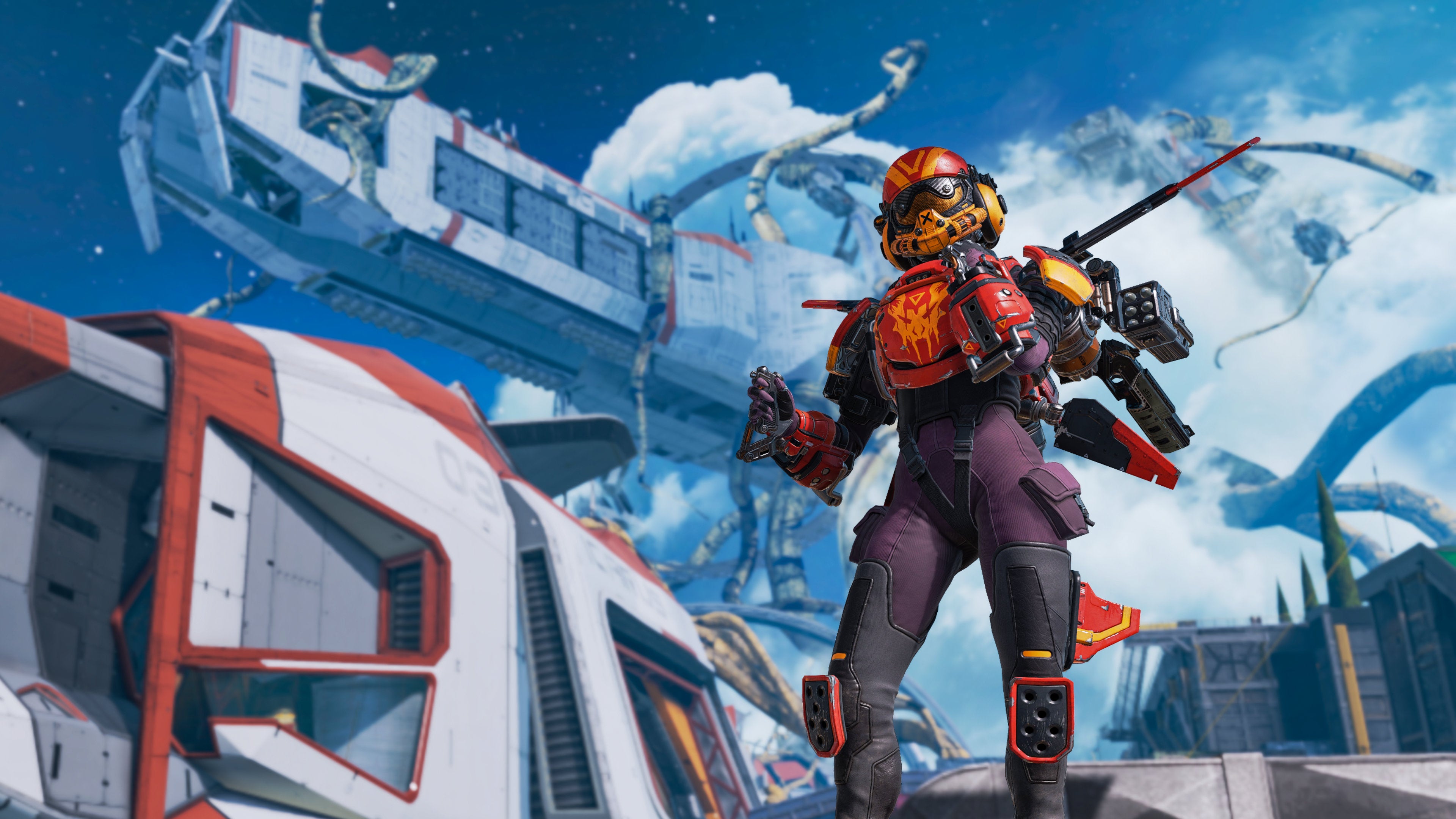 Promotional Apex Legends screenshot of Valkyrie standing on the Olympus map wearing one of her Legendary skins.
