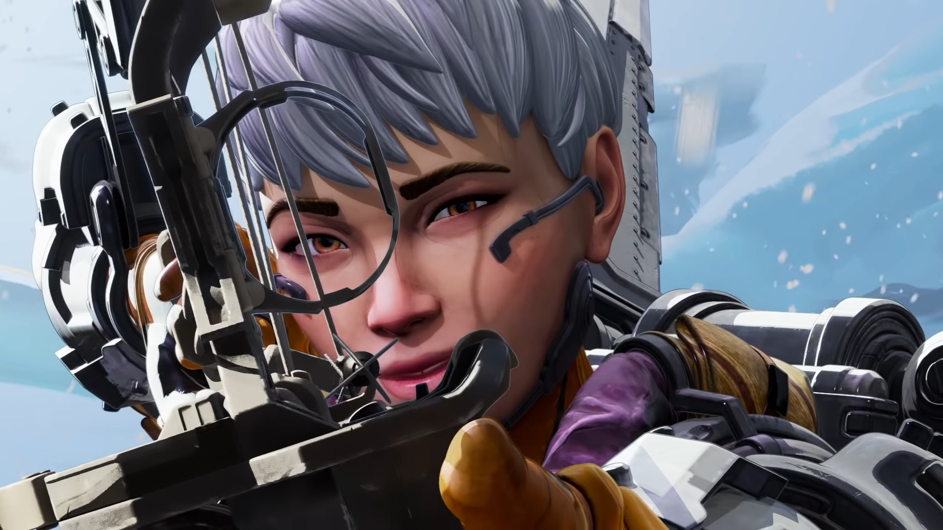 Valkyrie aims with her Bocek Bow towards the camera in Apex Legends.