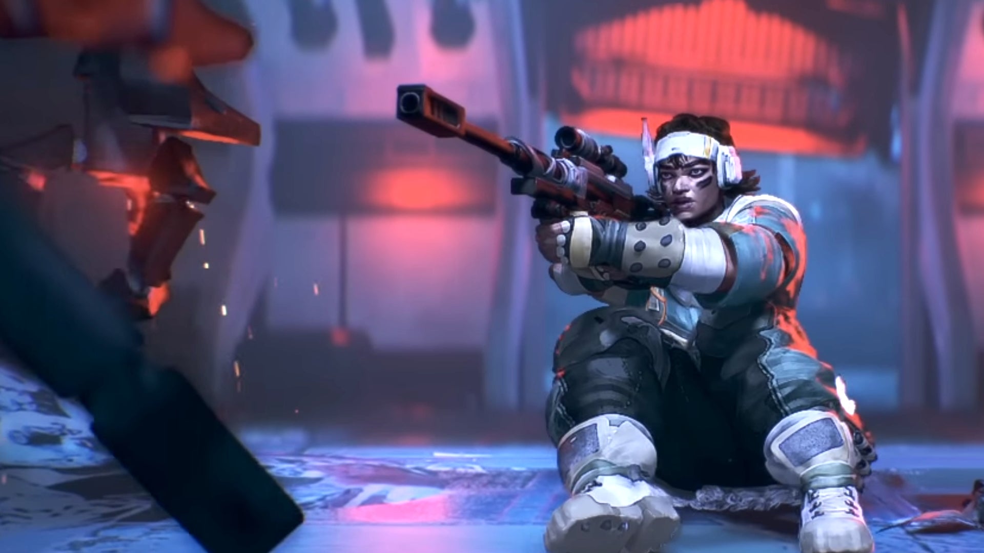 Apex Legends character Vantage sits on the floor and aims her sniper rifle at a mechanical arm attacking her in the Apex Legends Stories From The Outlands: Survive trailer.