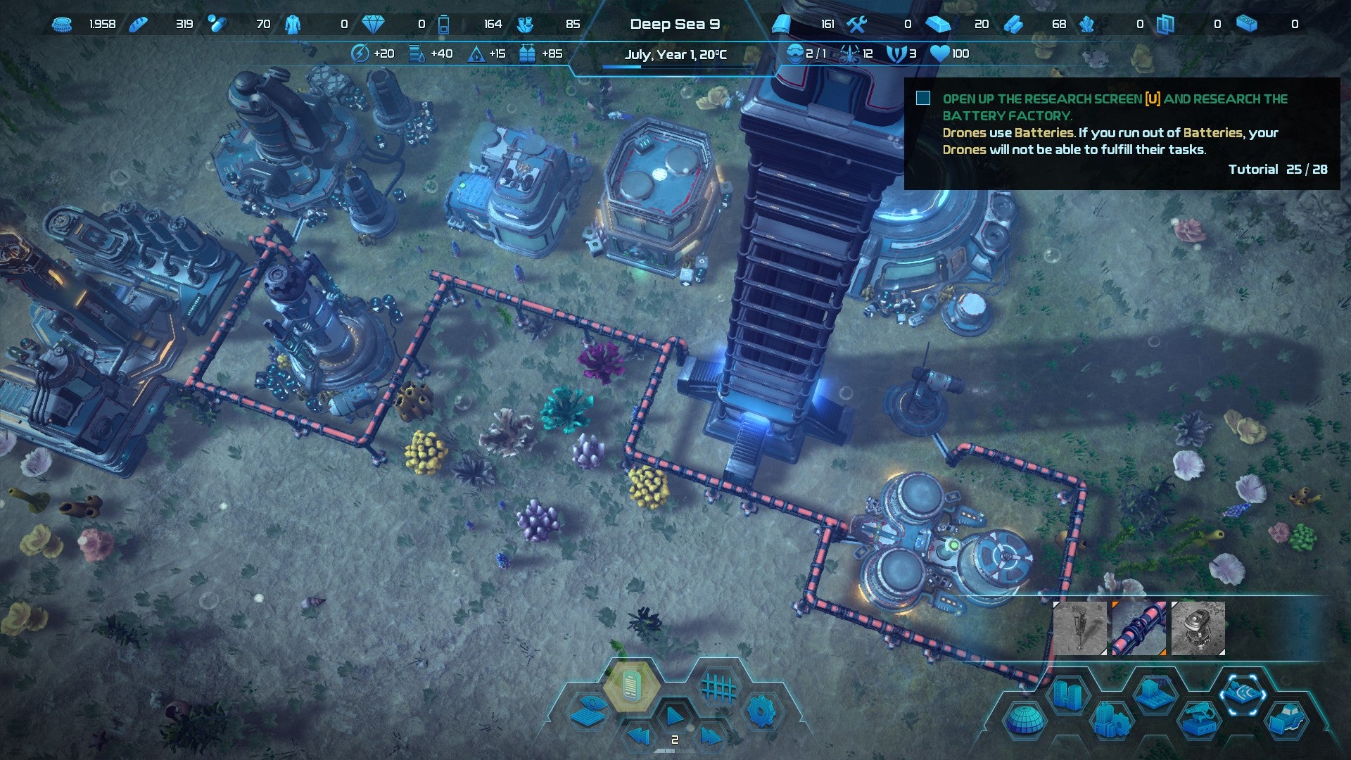 An Aquatico screenshot of interconnected underwater pipes providing energy to surrounding buildings.