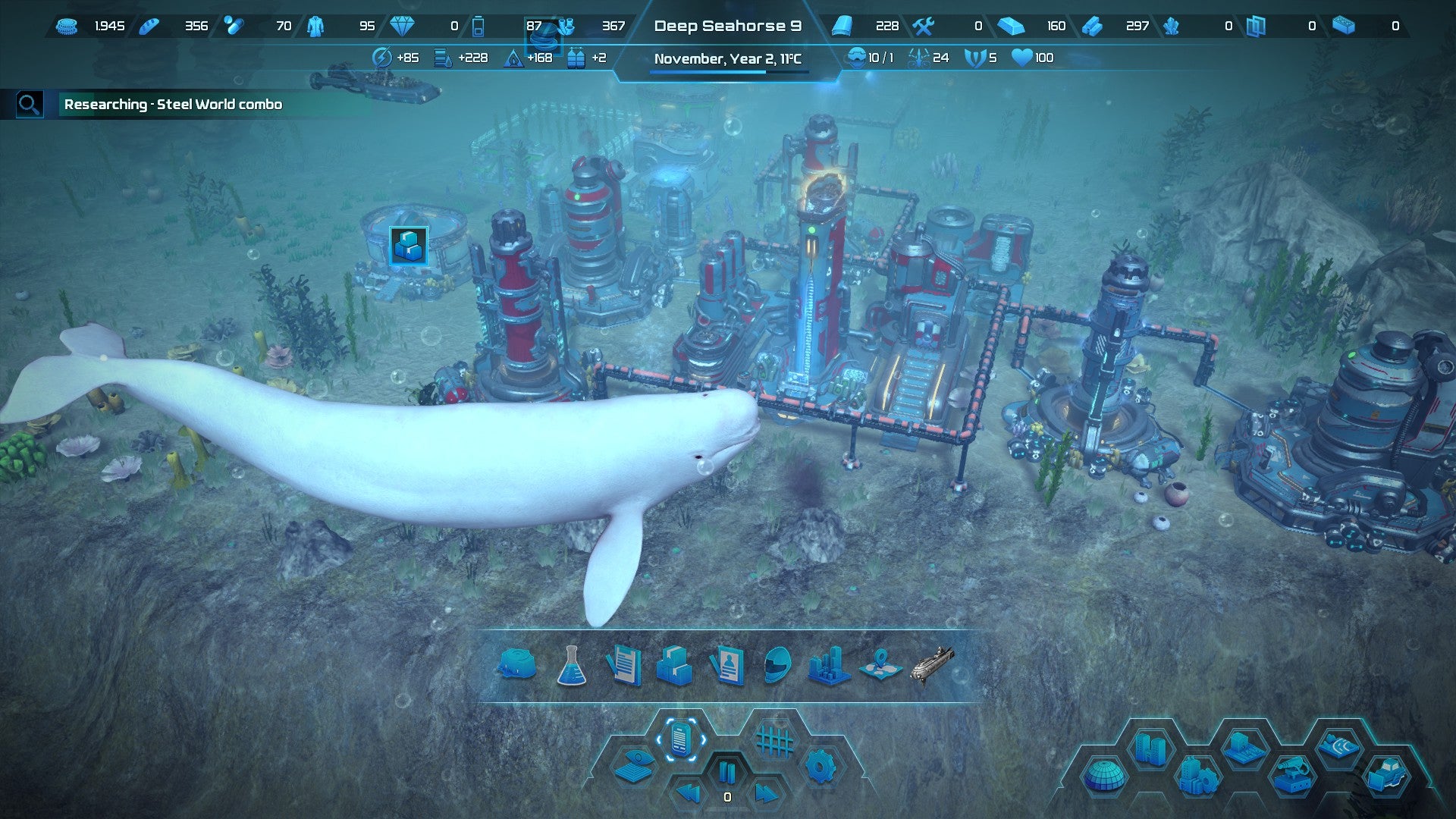 An Aquatico screenshot showing a white whale swing past an underwater city.