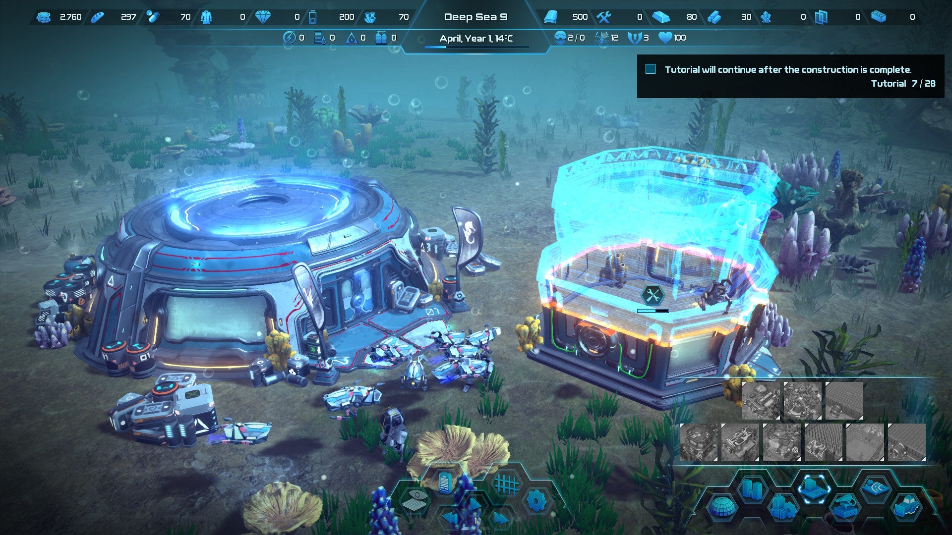 An Aquatico screenshot showing two futuristic-looking sub-sea buildings being constructed.
