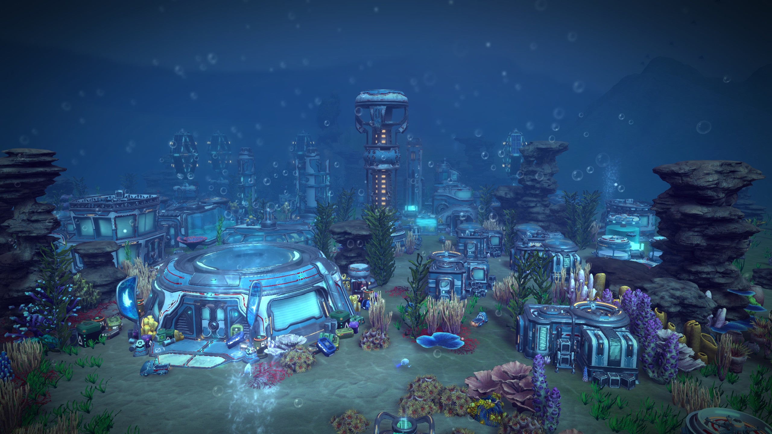 A screenshot of Aquatico showing some futuristic buildings constructed at the bottom of the ocean.