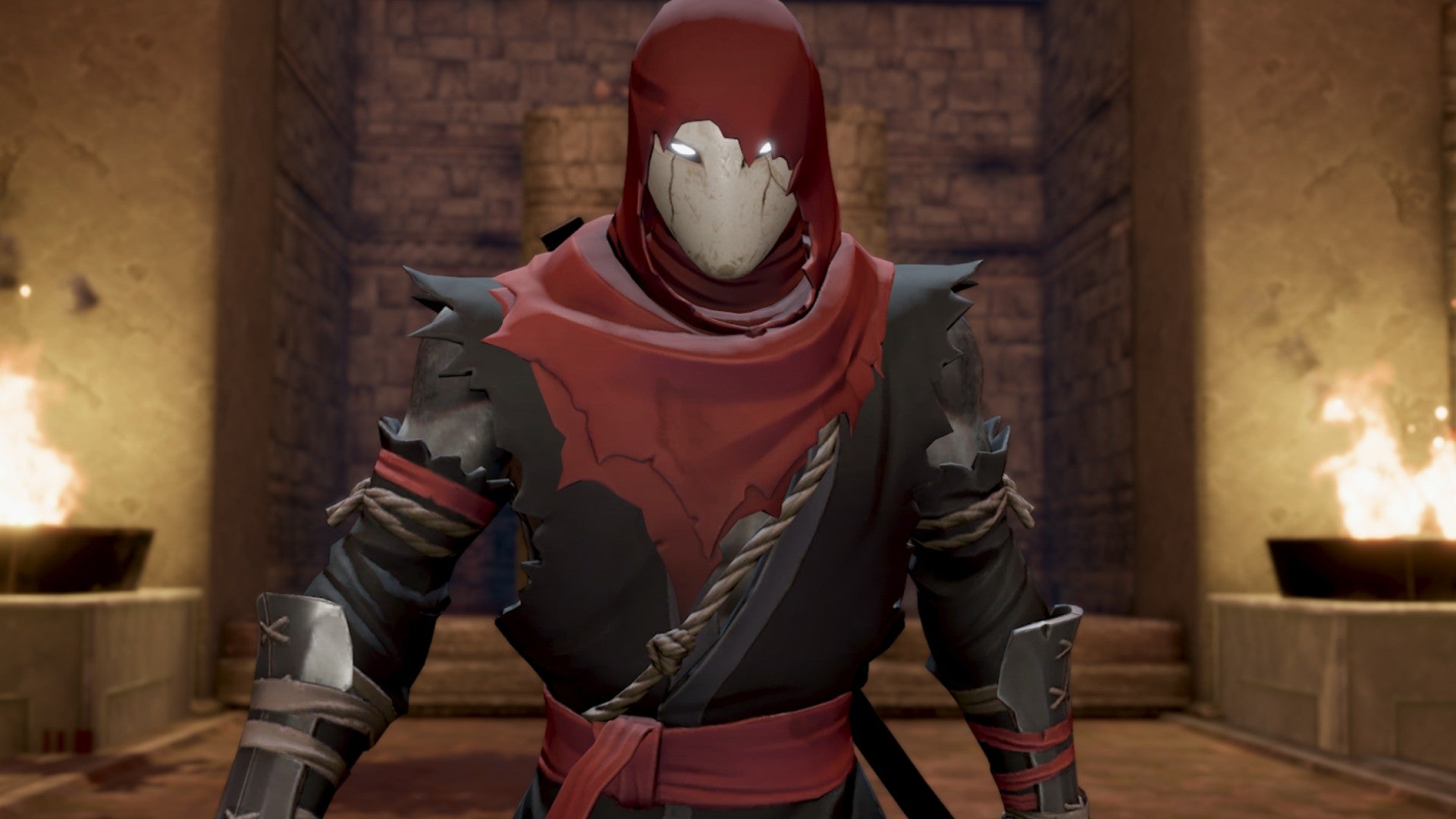 A close-up portrait of the main ninja character from Aragami 2
