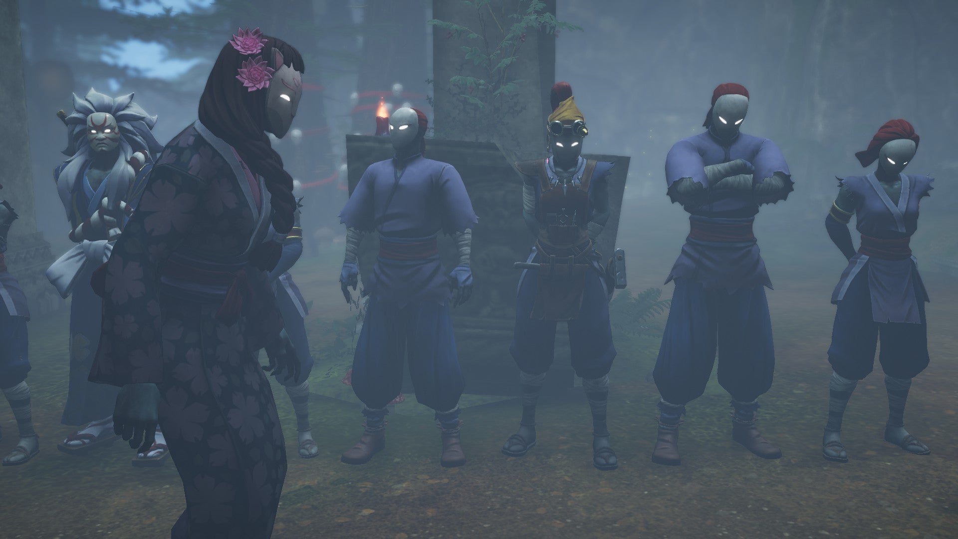 A collection of ninjas stand in a line while a female master paces up and down in Aragami 2