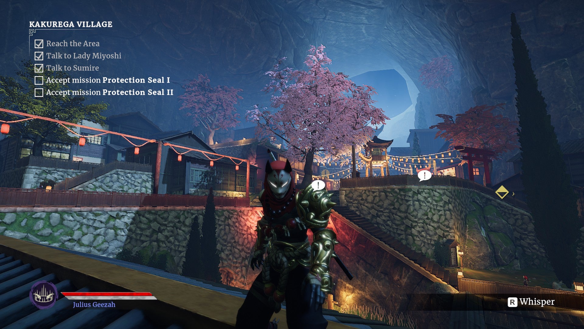 A ninja in a kitsune fox mask stands in front of a village inside a huge cave in Aragami 2