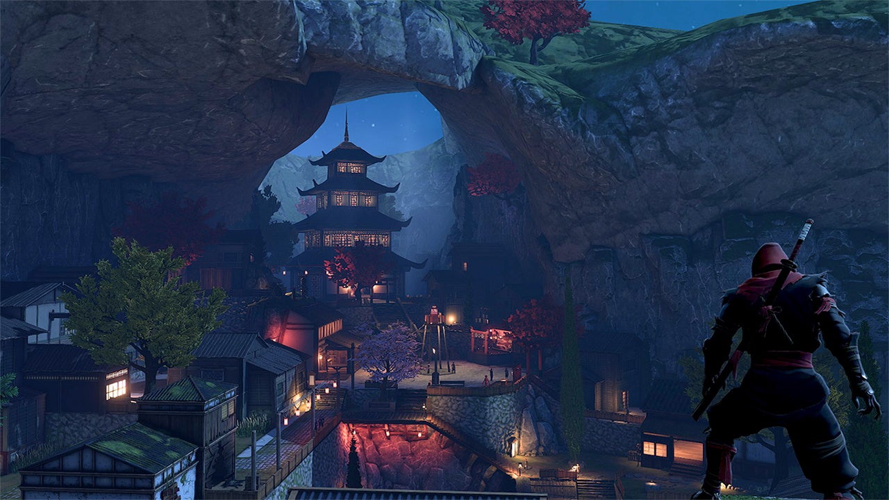 An image from Aragami 2 which shows the player looking out over Kakurega village, a hub area inspired by ancient Japan.
