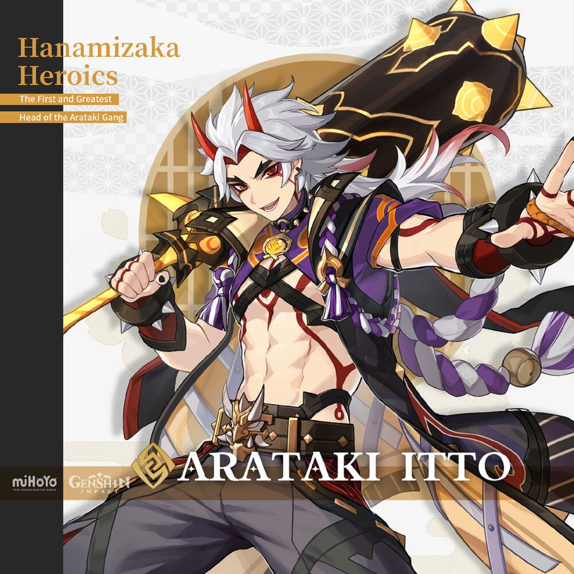 Arataki Itto's introduction panel in Genshin Impact. Text reads: "Hanamizaka Heroics: The First and Greatest Head of the Arataki Gang".