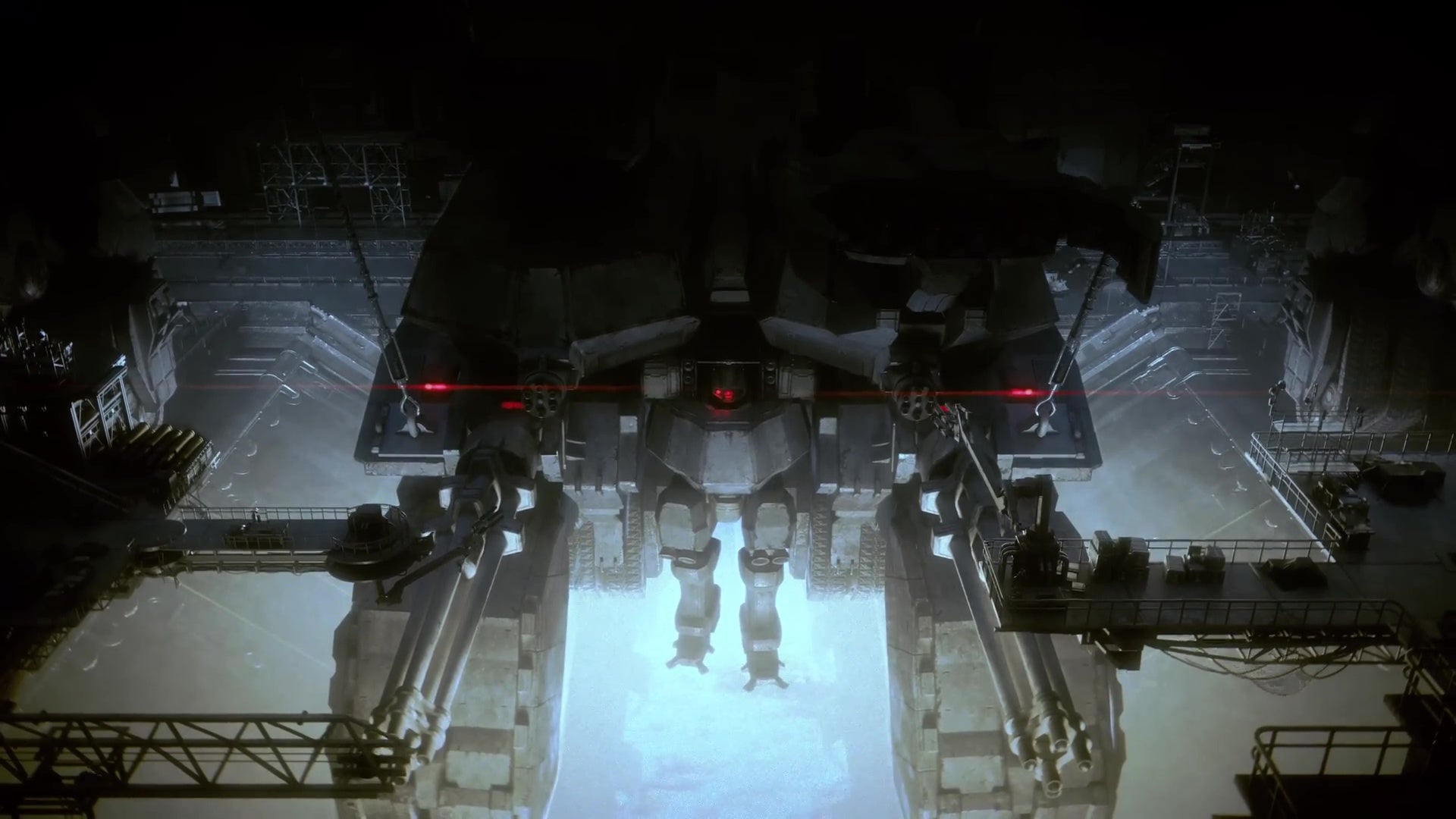 A mech is lowered into a light-filled opening in the Armored Core VI reveal trailer.