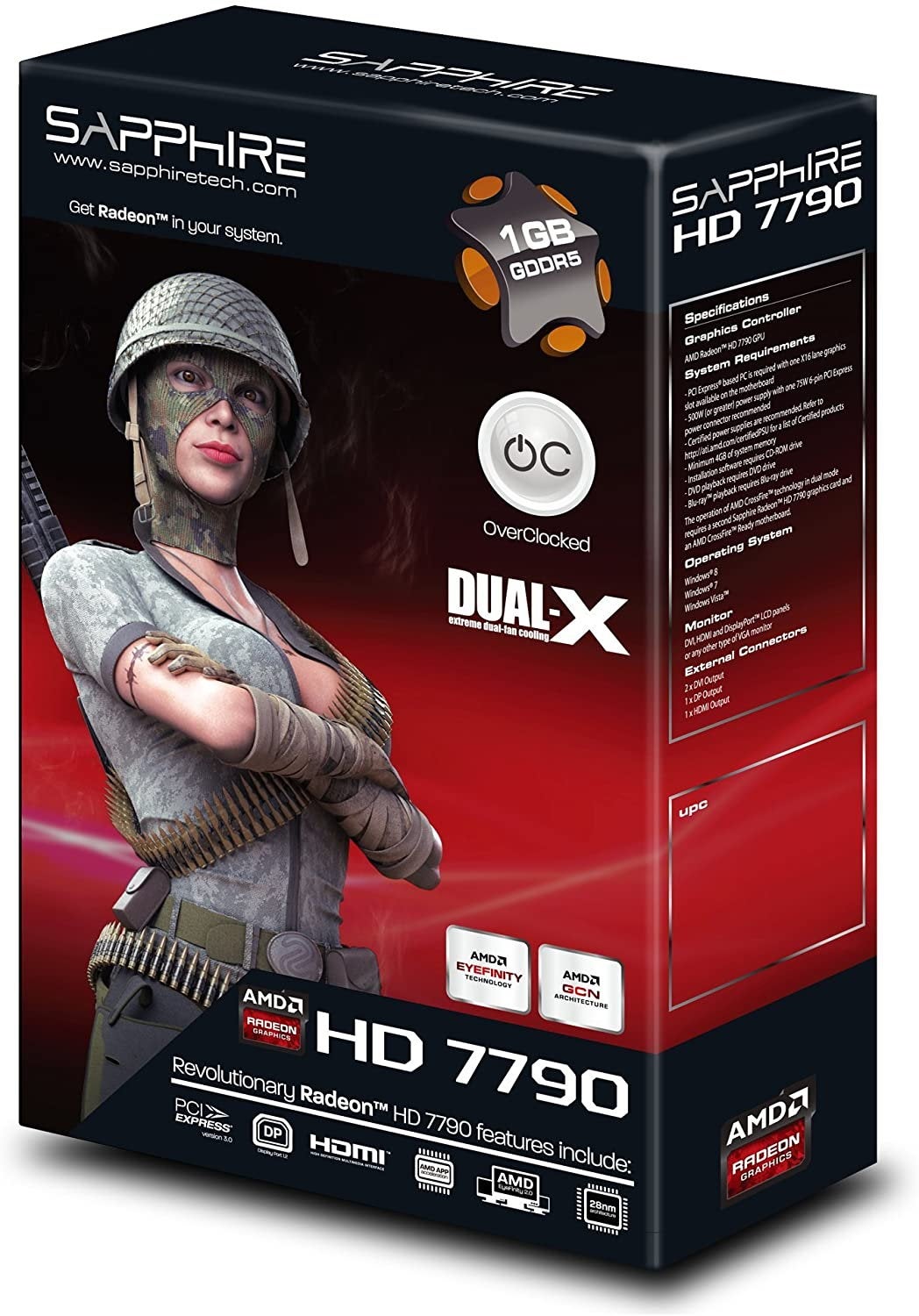 A graphics card box for Sapphire's Radeon HD 7790, depicting a woman in camo gear crossing her arms