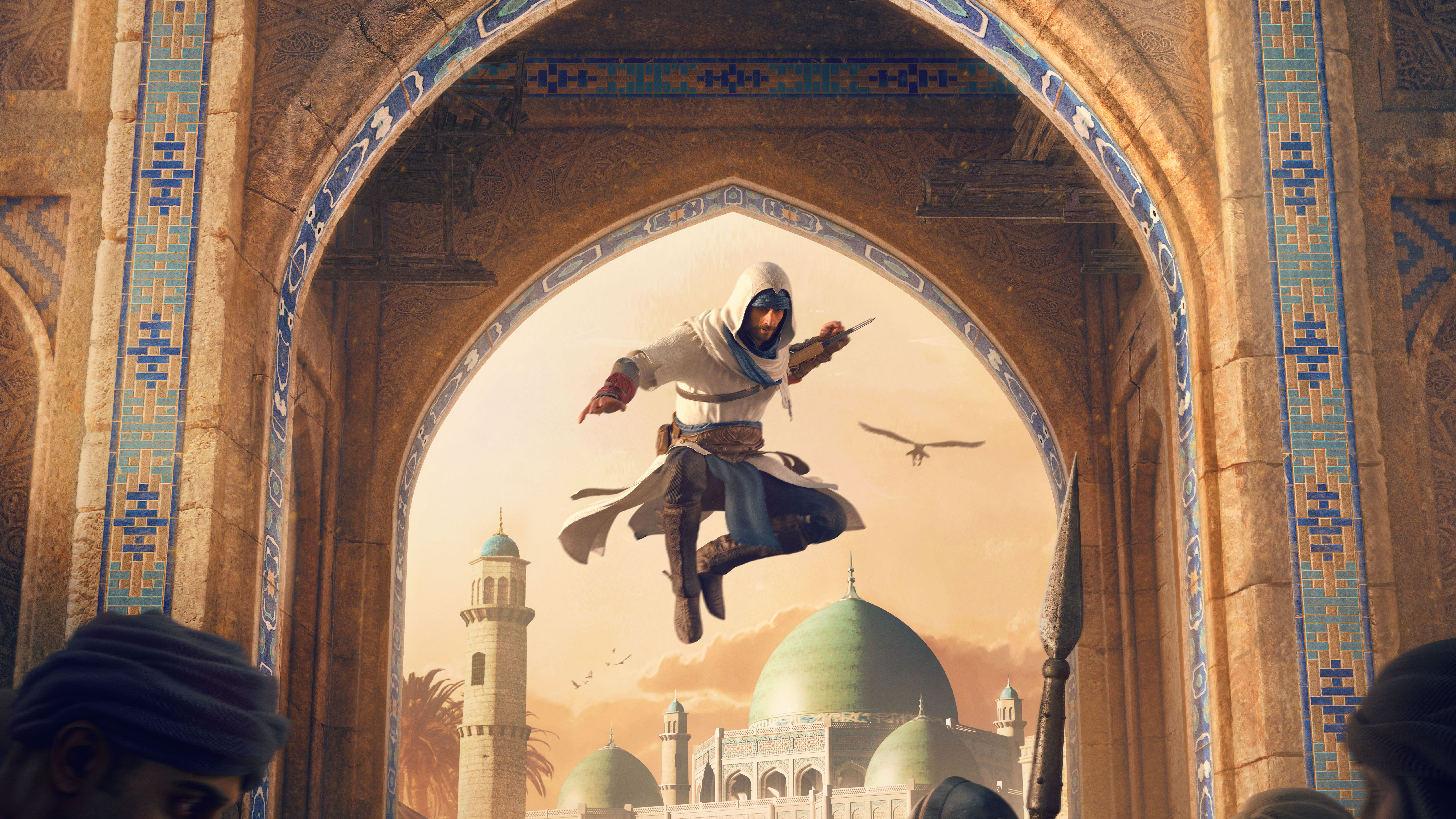 Basim, protagonist of upcoming Assassin's Creed Mirage, in a piece of key-art for the game, shown leaping above a crowd