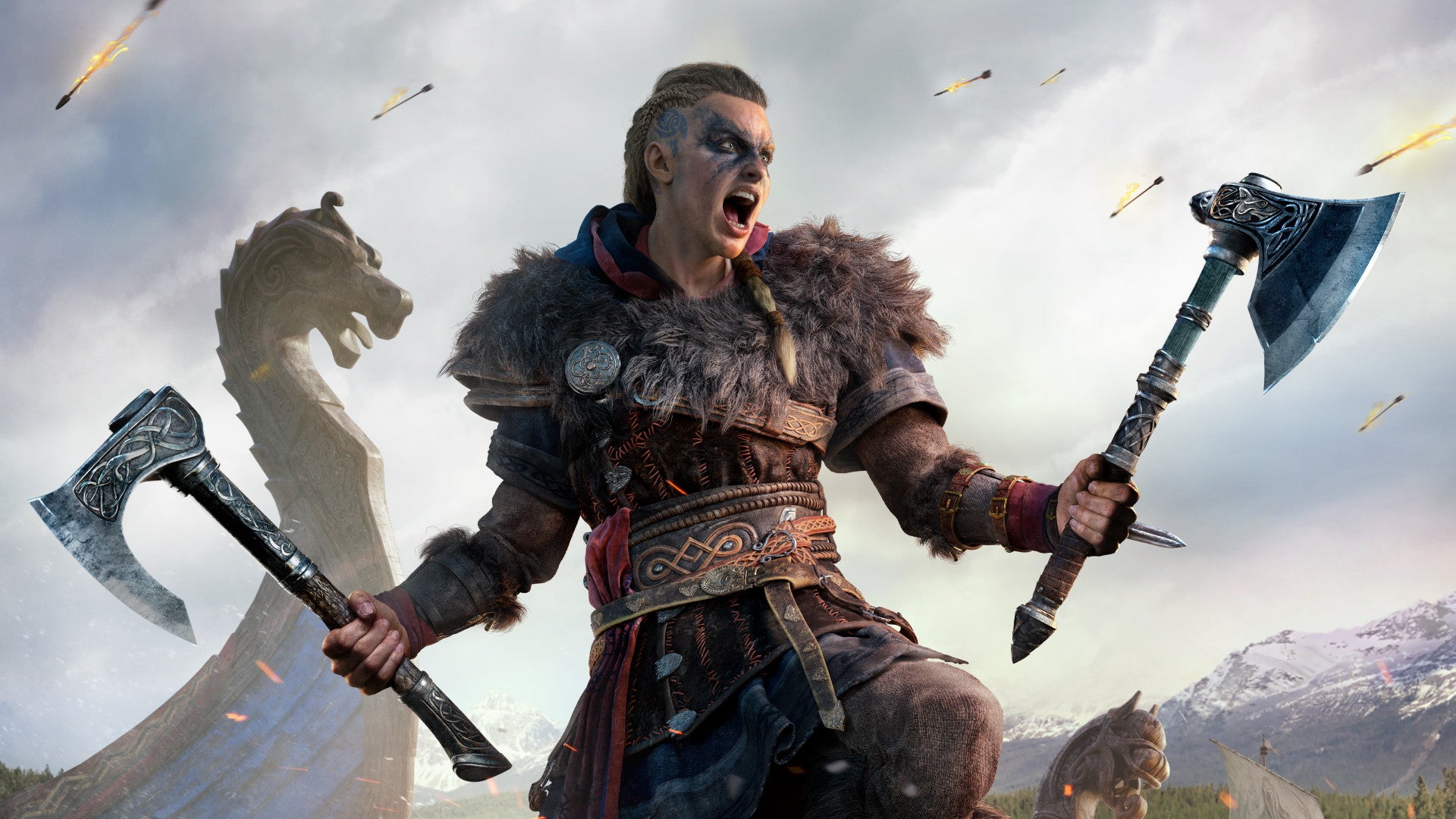 Artwork of Eivor screaming in battle in Assassin's Creed Valhalla