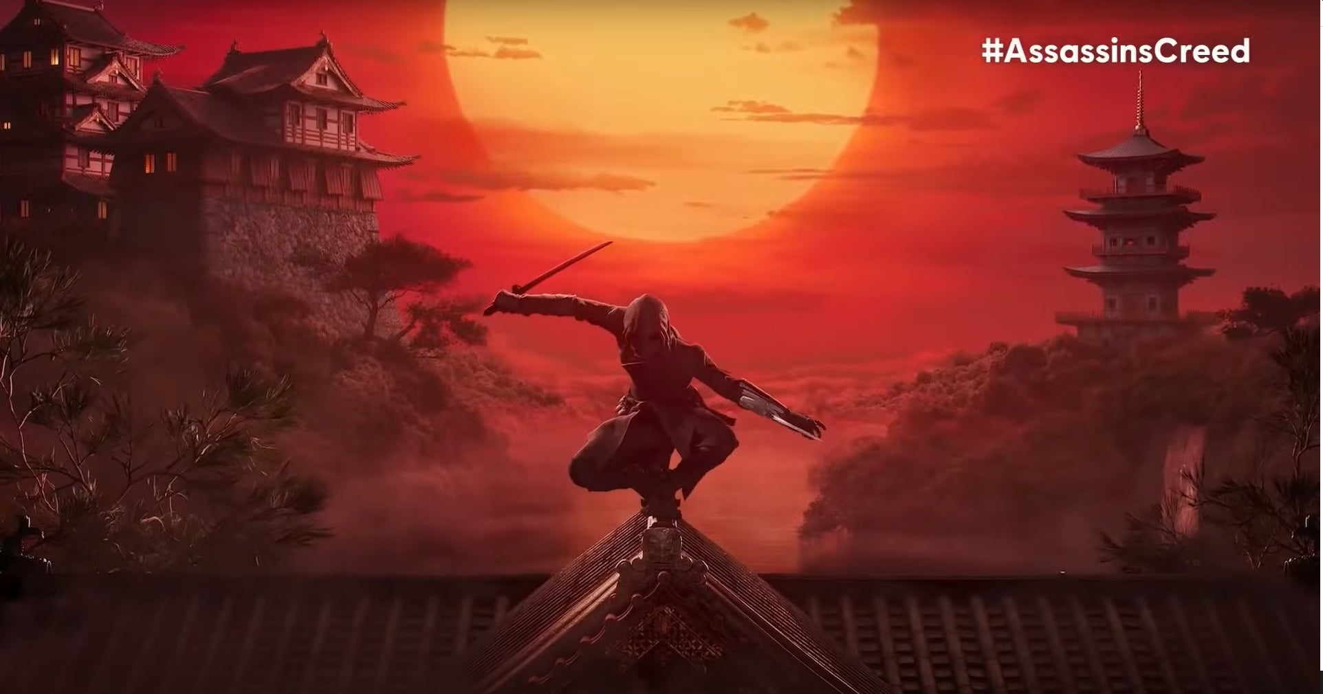A shinobi crouches and poses on a rooftop in the key art for a future Assassin's Creed game set in feudal Japan.