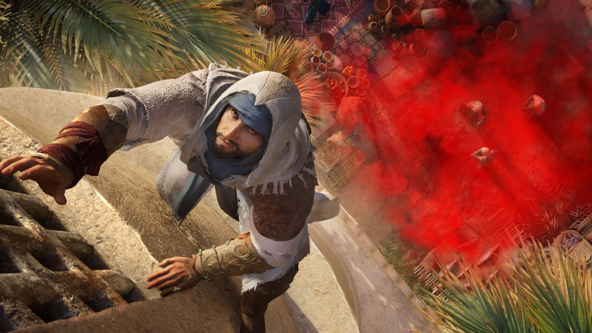 The main character of Assassin's Creed Mirage, Basim, climbs the side of a building after dropping a red smoke bomb onto the people below.