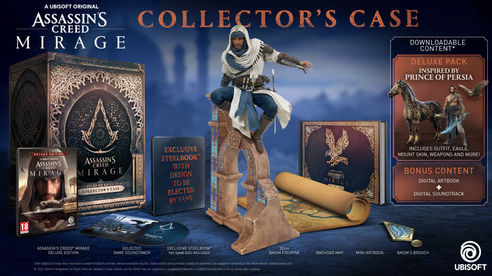 Promotional art for the Assassin's Creed Mirage Collector's Case showcasing the contents of the case.