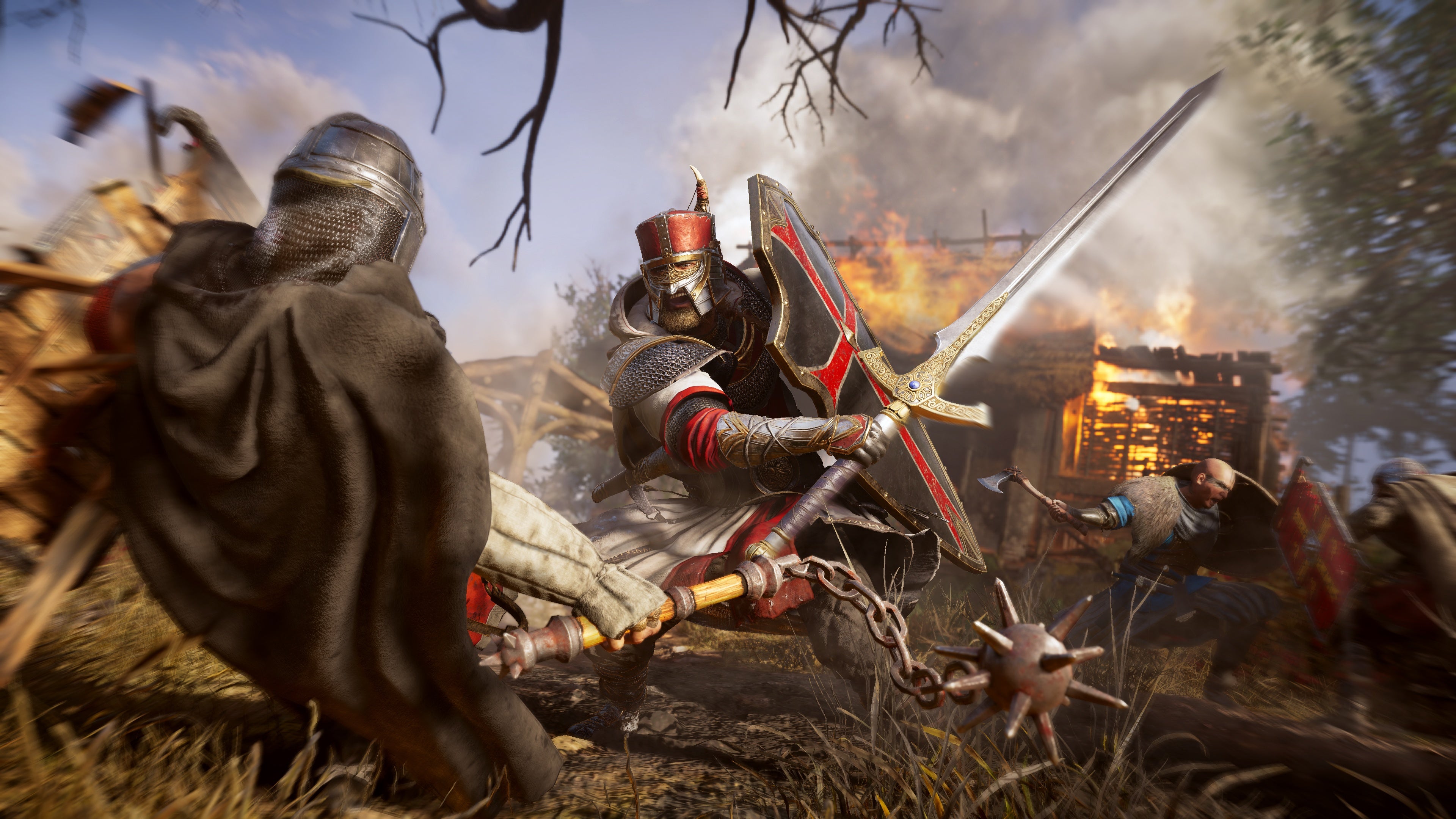 A screenshot of some angry men fighting with swords in Assassin's Creed Valhalla's new River Raid mode.
