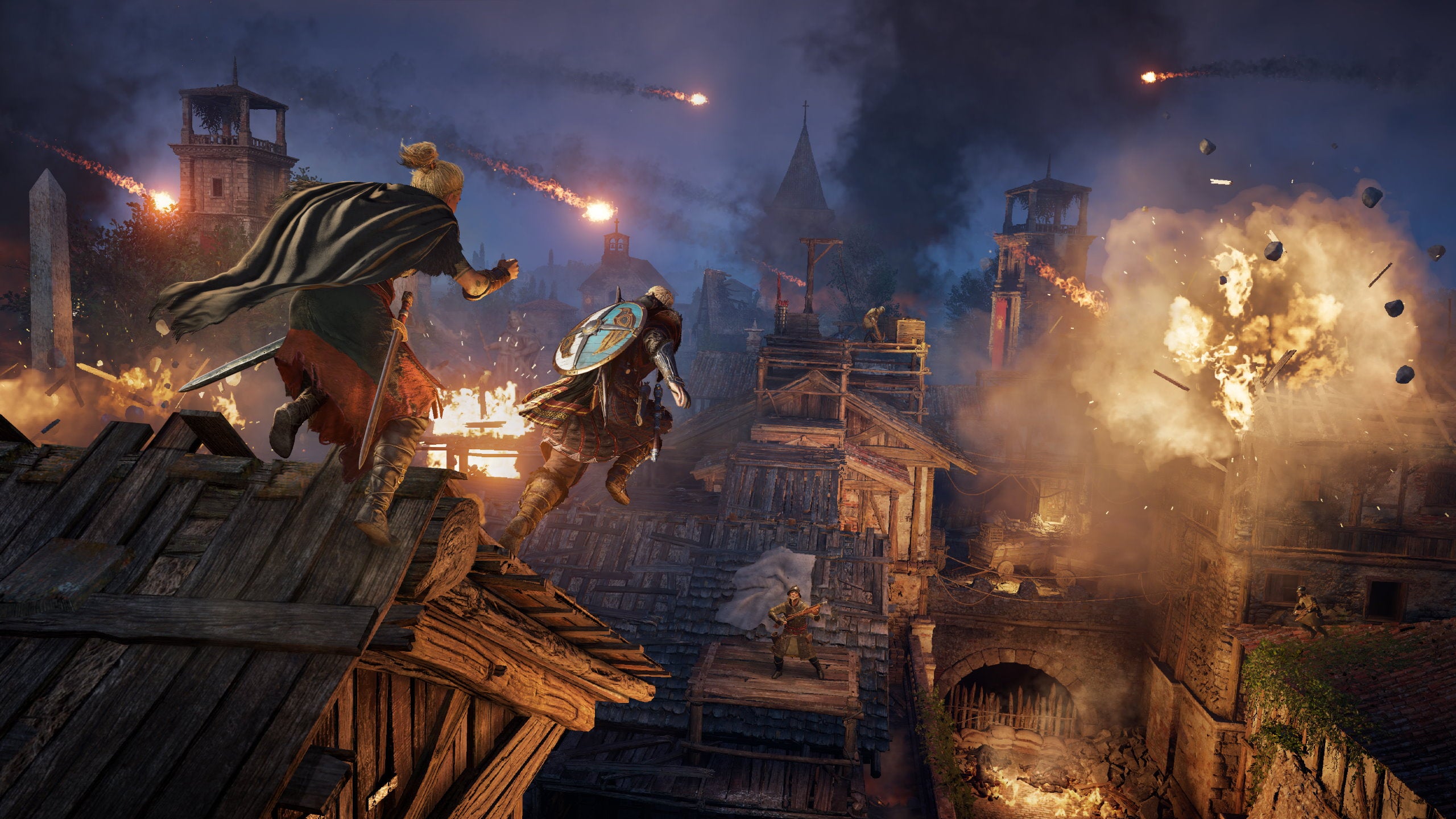 Two Vikings leap across Paris rooftops as they come under attack in Assassin's Creed Valhalla's Siege of Paris expansion