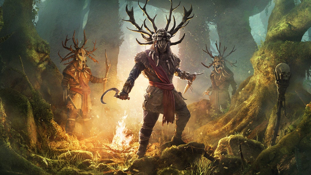 Three druids wearing stag horn hats in the key art for Assassins Creed Valhalla's Wrath Of The Druids expansion.