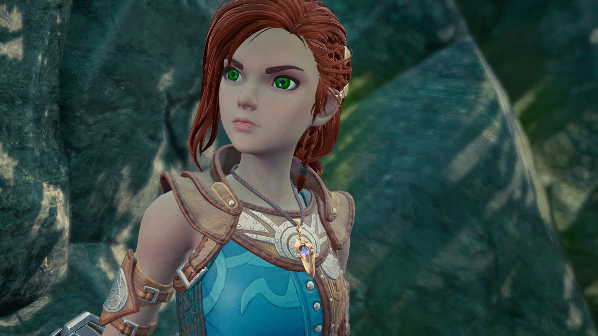 The player character in Asterigos, a red headed, green eyed elfin sort of a person