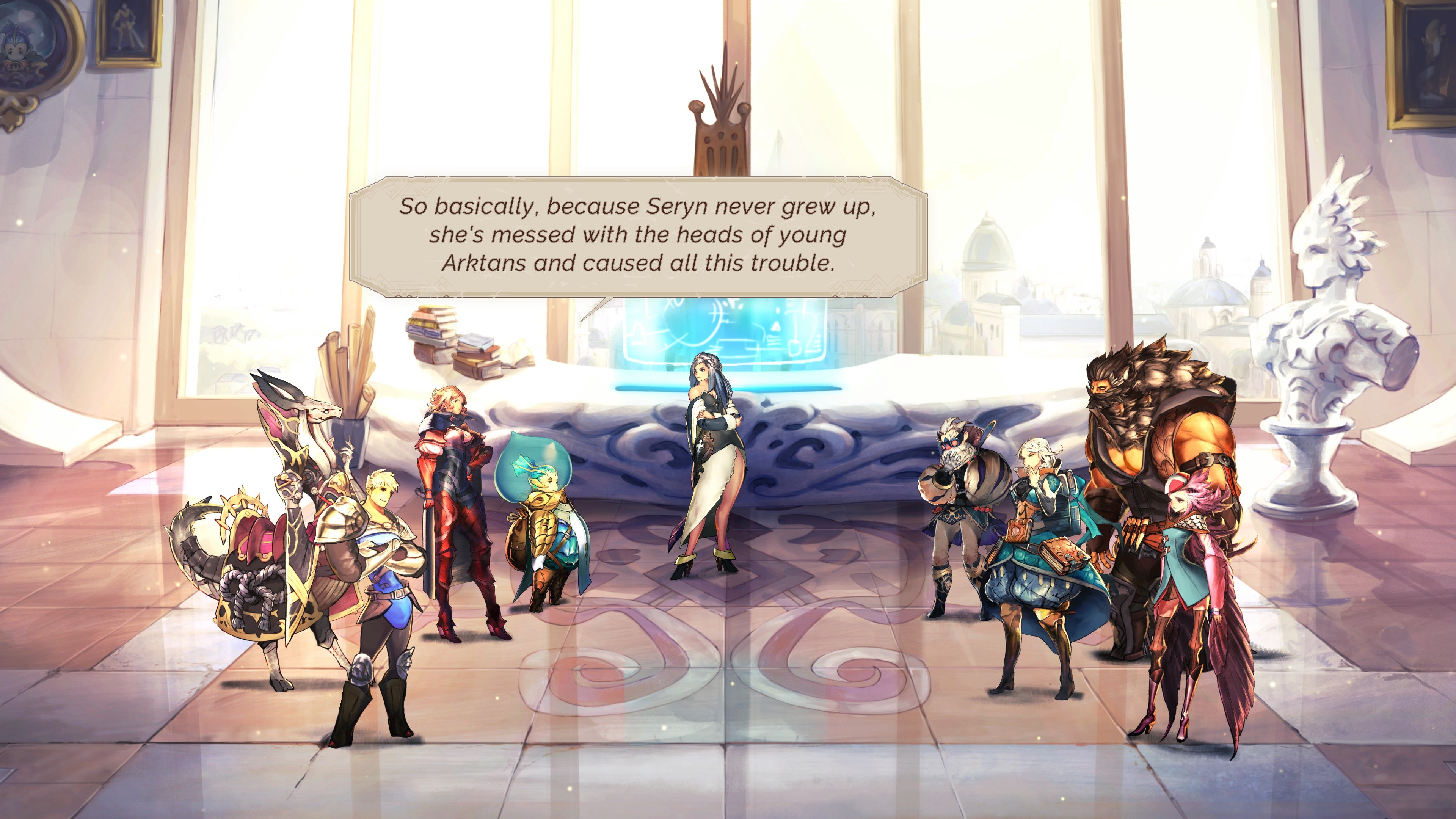 The party assembles in a large glass atrium in Astria Ascending