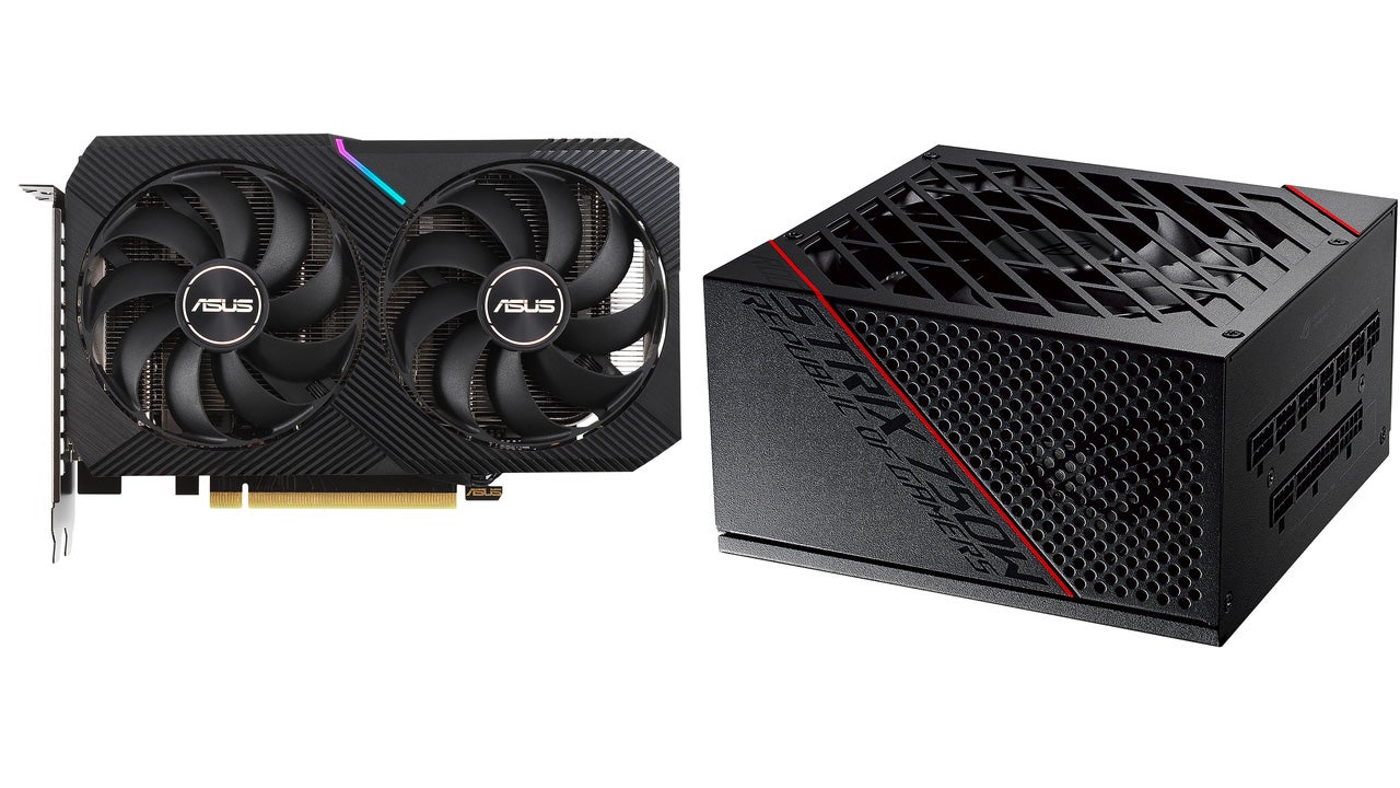 Two Asus products: a Nvidia RTX 3060 graphics card and an ASUS ROG power supply.
