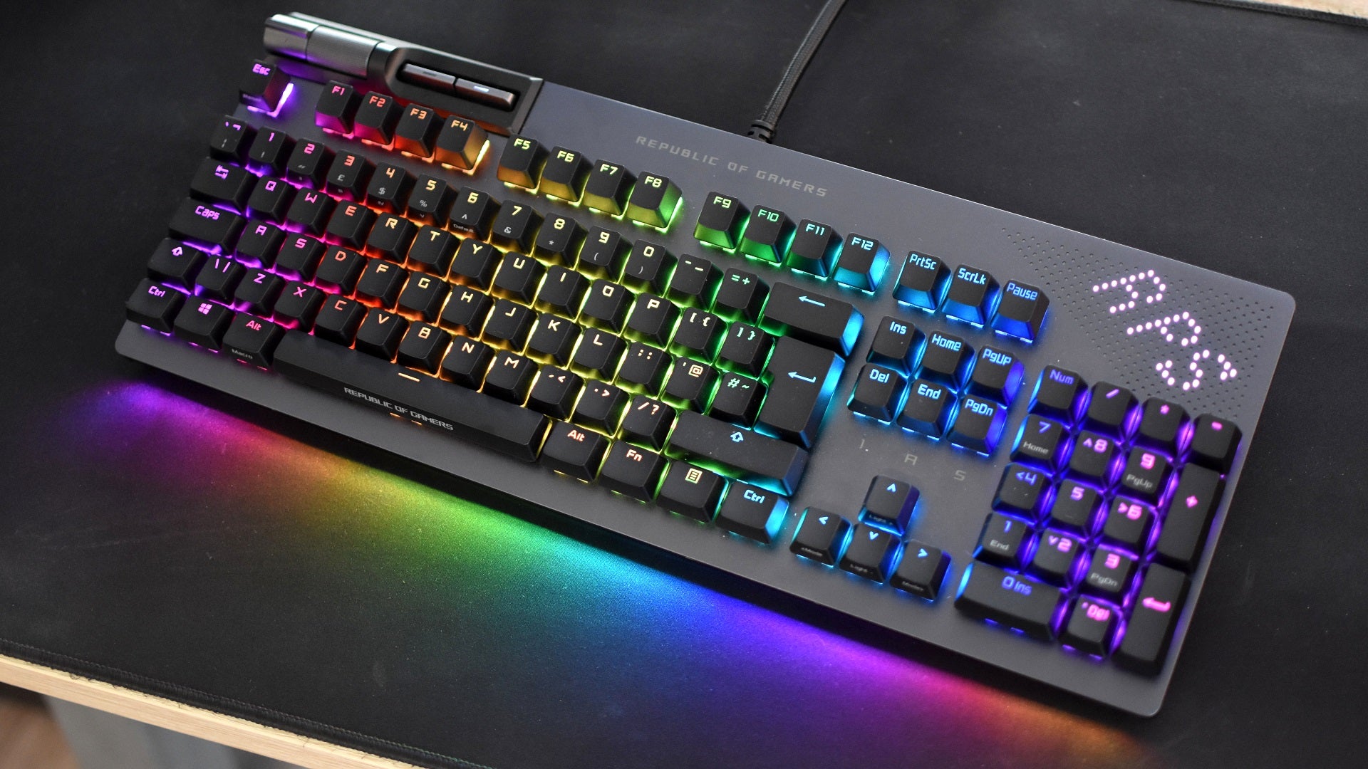 The Asus ROG Strix Flare II Animate Gaming Keyboard on a desk.