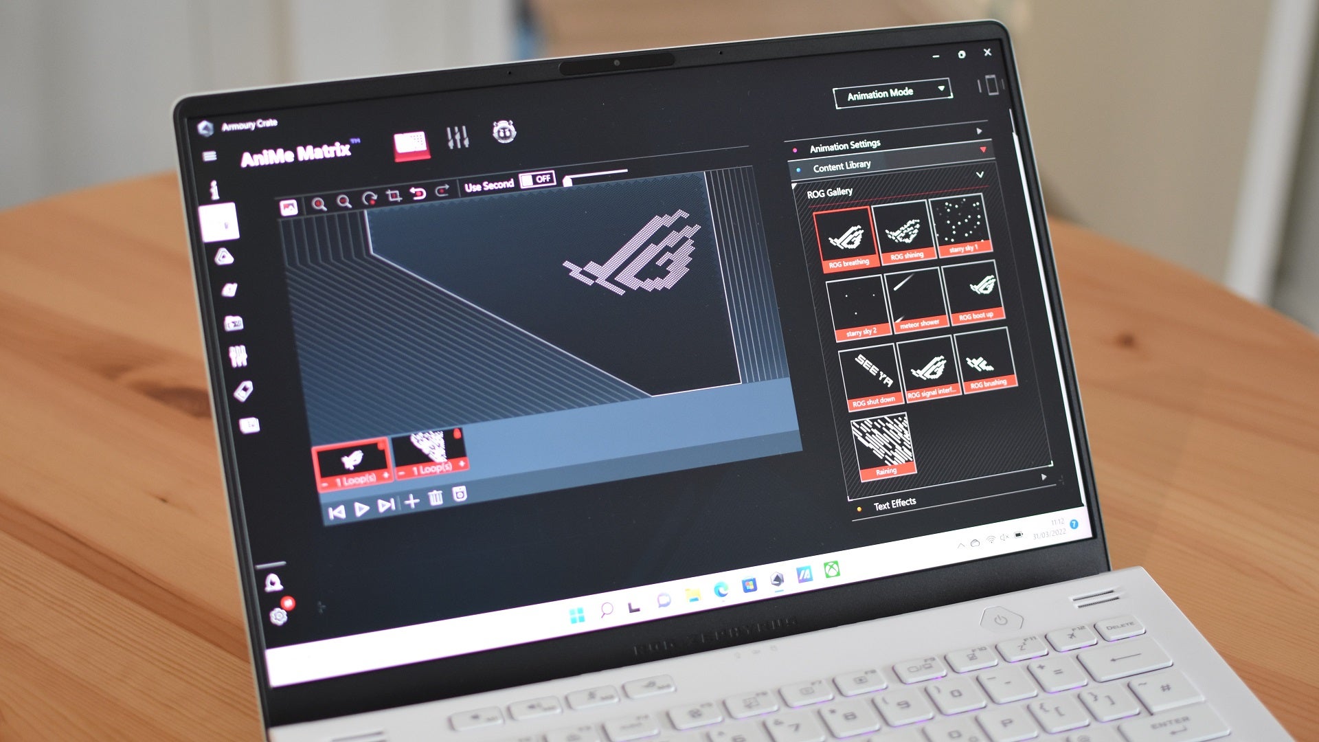 The Asus ROG Zephyrus G14 screen showing Asus' ROG Armoury software.