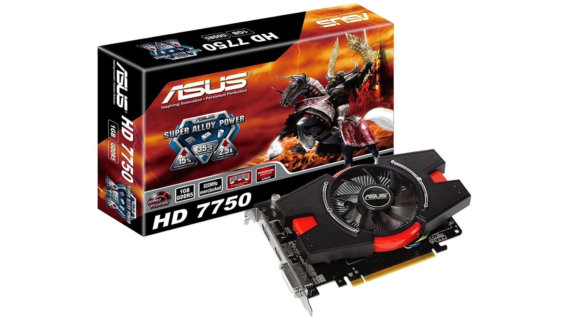 A graphics card box for Asus' Radeon HD 7750, depicting a samurai on a horse