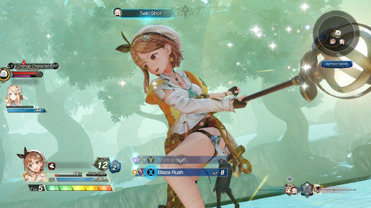 A screenshot of combat from Atelier Ryza 2 - a yong woman in short shorts, a white top and a yellow overcoat is swinging a staff. She seems pretty happy about it