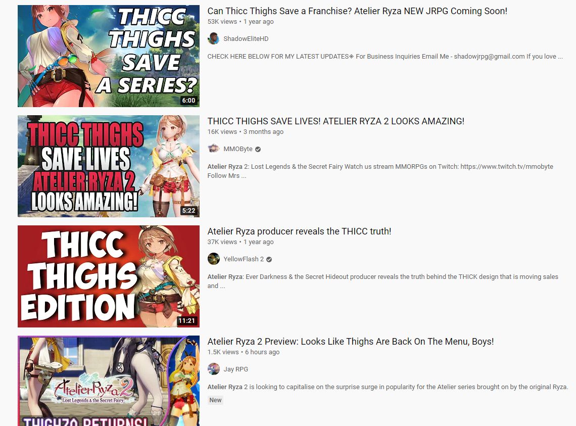 A screenshot of YouTube showing a bunch of videos thumbnails and descriptions, all about Atelier Ryza 2, all mentioning thighs and the majority describing them as being of the thicc variety