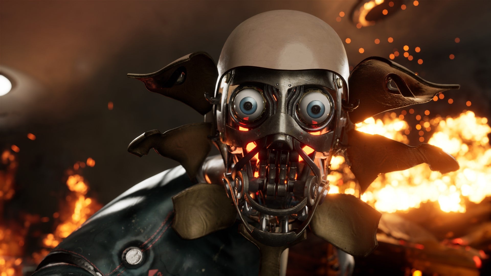 A screenshot from Atomic Heart which shows a close-up of an android's face that's peeled apart to reveal its horrible innards.