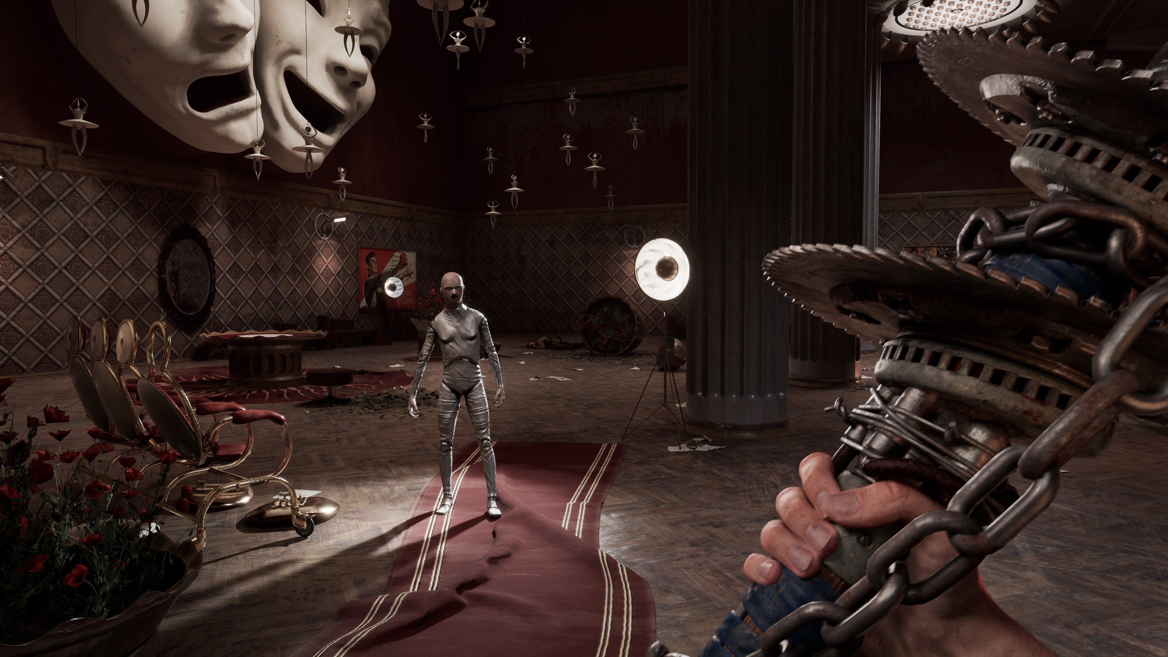A screenshot from Atomic Heart which shows the player confronting a hostile android with a makeshift saw/club weapon.