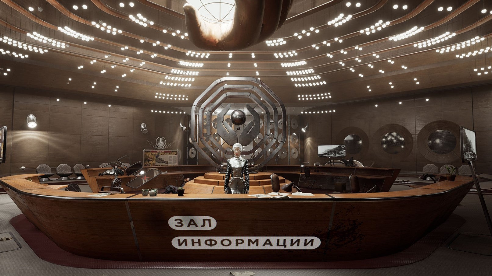 A large desk is manned by single android in Atomic Heart.