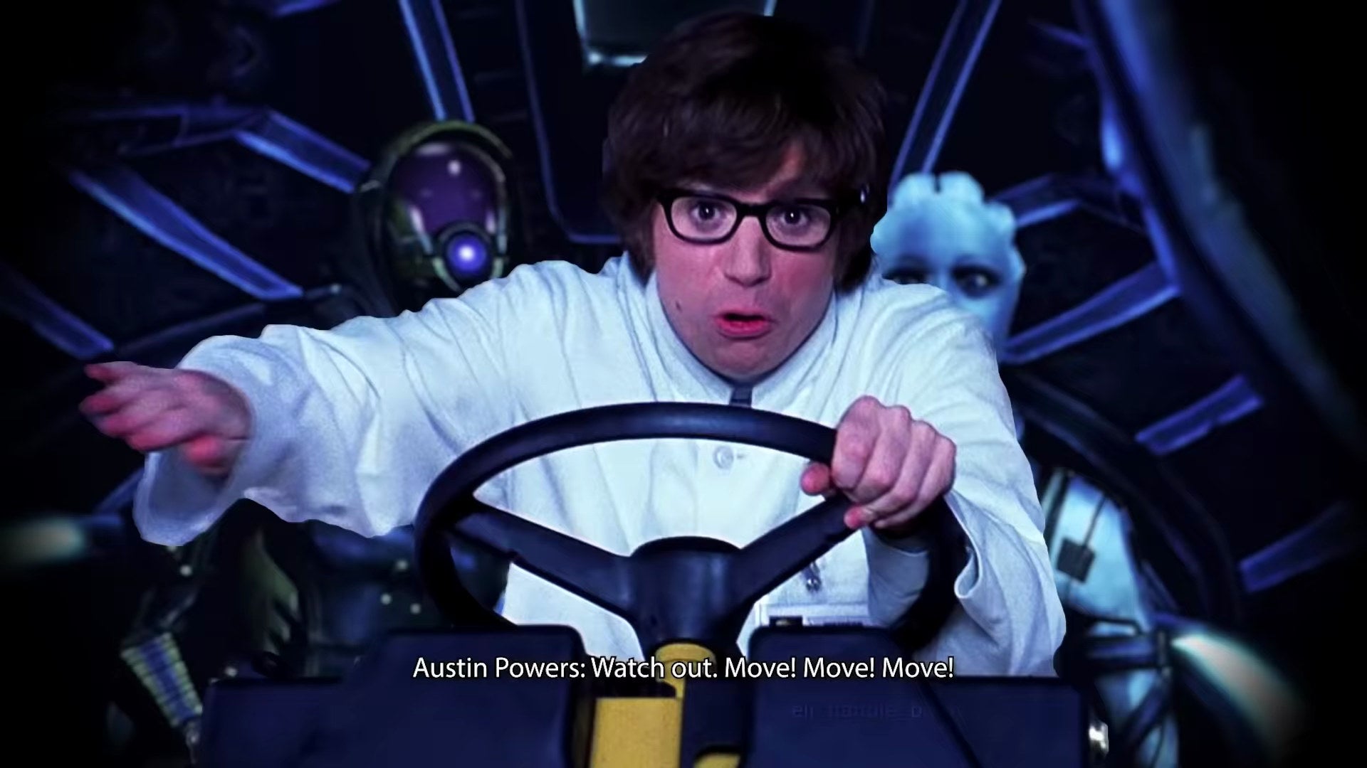 Austin Powers driving the Mako in a Mass Effect 2 edit video.