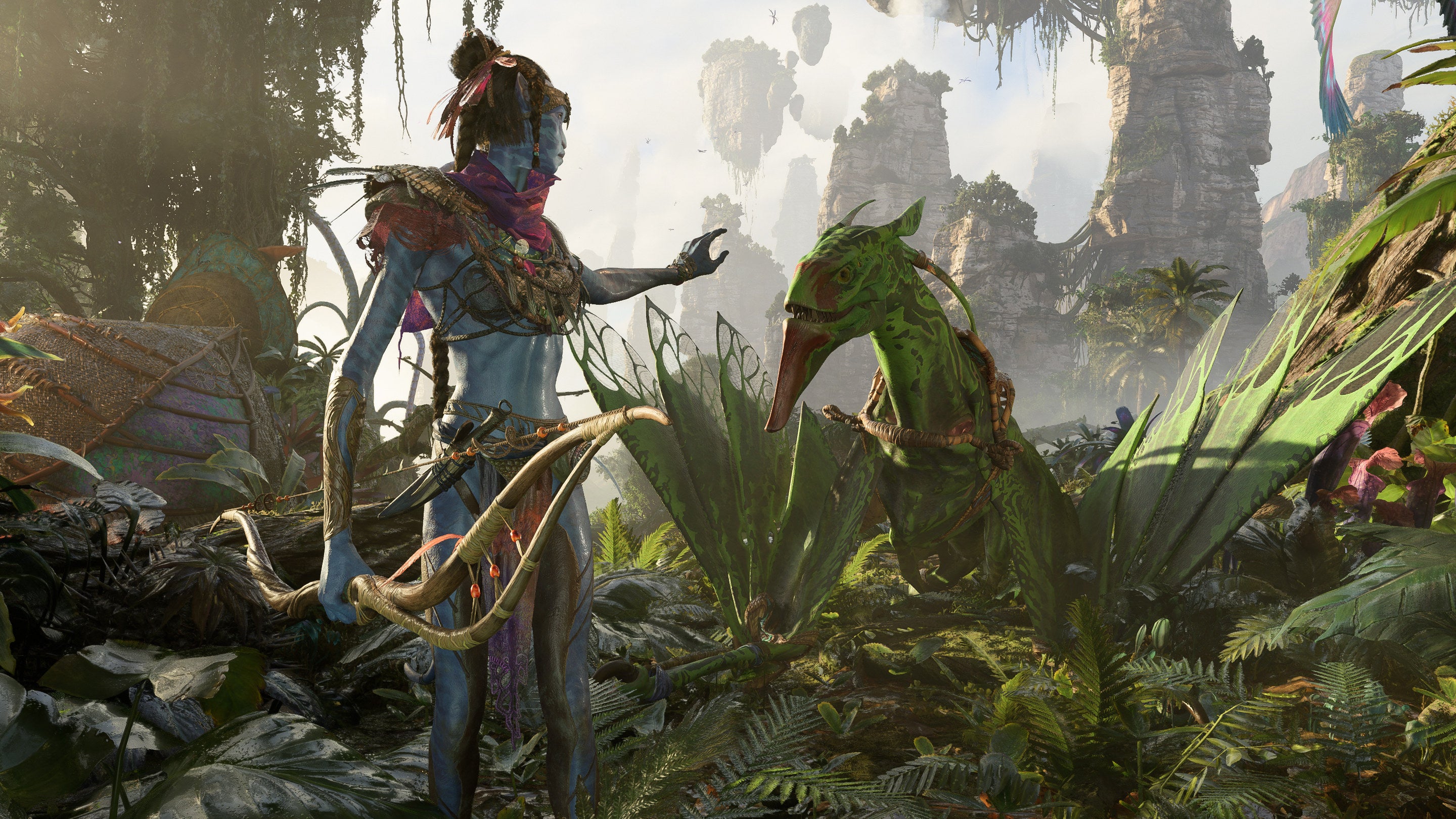 Befriending a pterosaur in a screenshot from Avatar: Frontiers of Pandora.