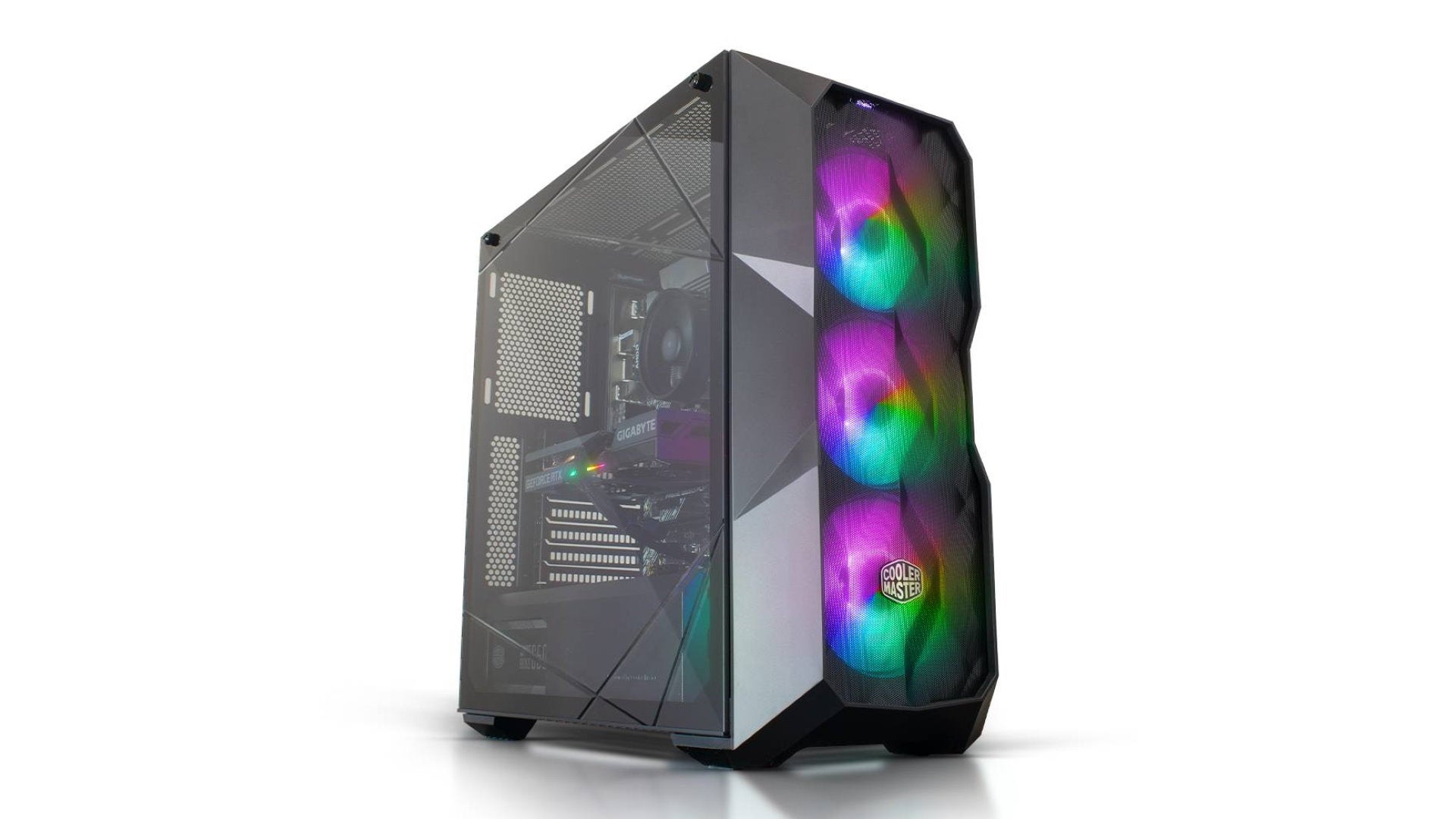A gaming desktop PC with three RGB fans at the front