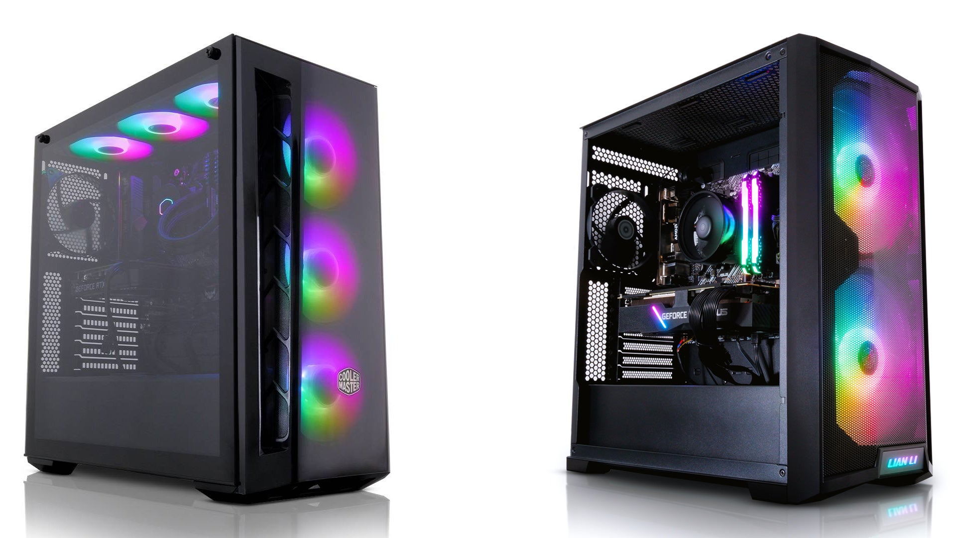 a pair of gaming pcs made by awd-it, featuring rtx 3070 ti graphics cards and plenty of RGB
