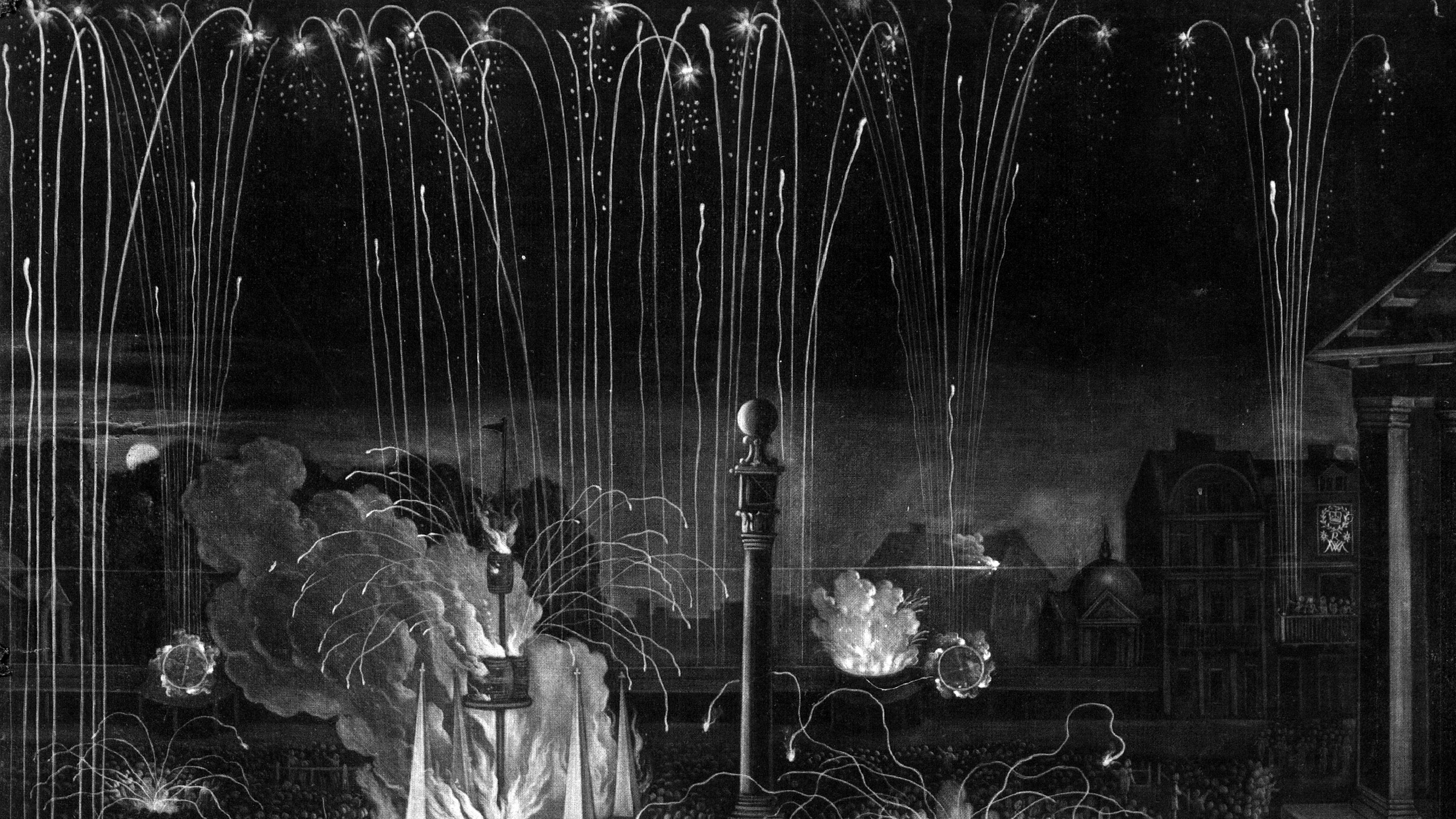 A fireworks display in an illustration from The BL King’s Topographical Collection.