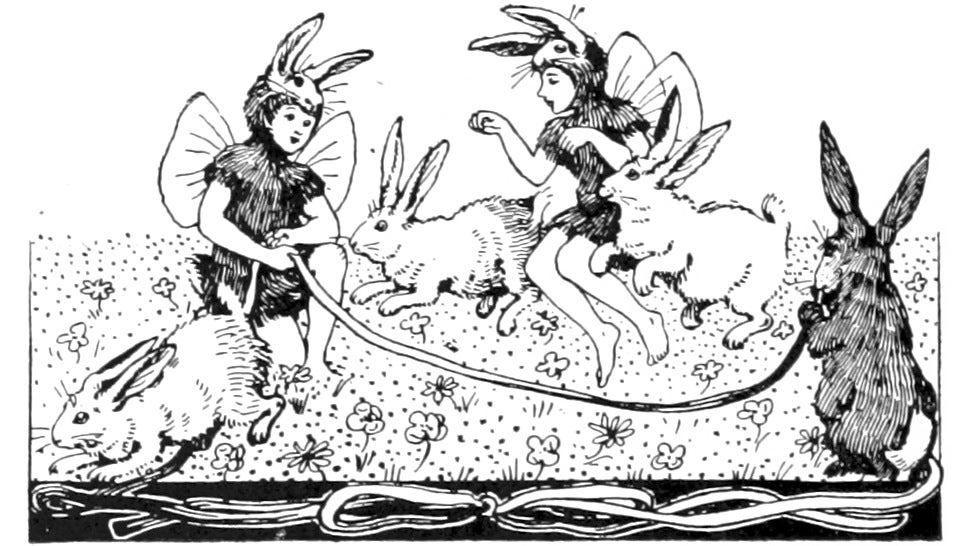 Two fairies dressed as rabbits play jump rope with actual rabbits in an illustration from 'Songs for Little People'.