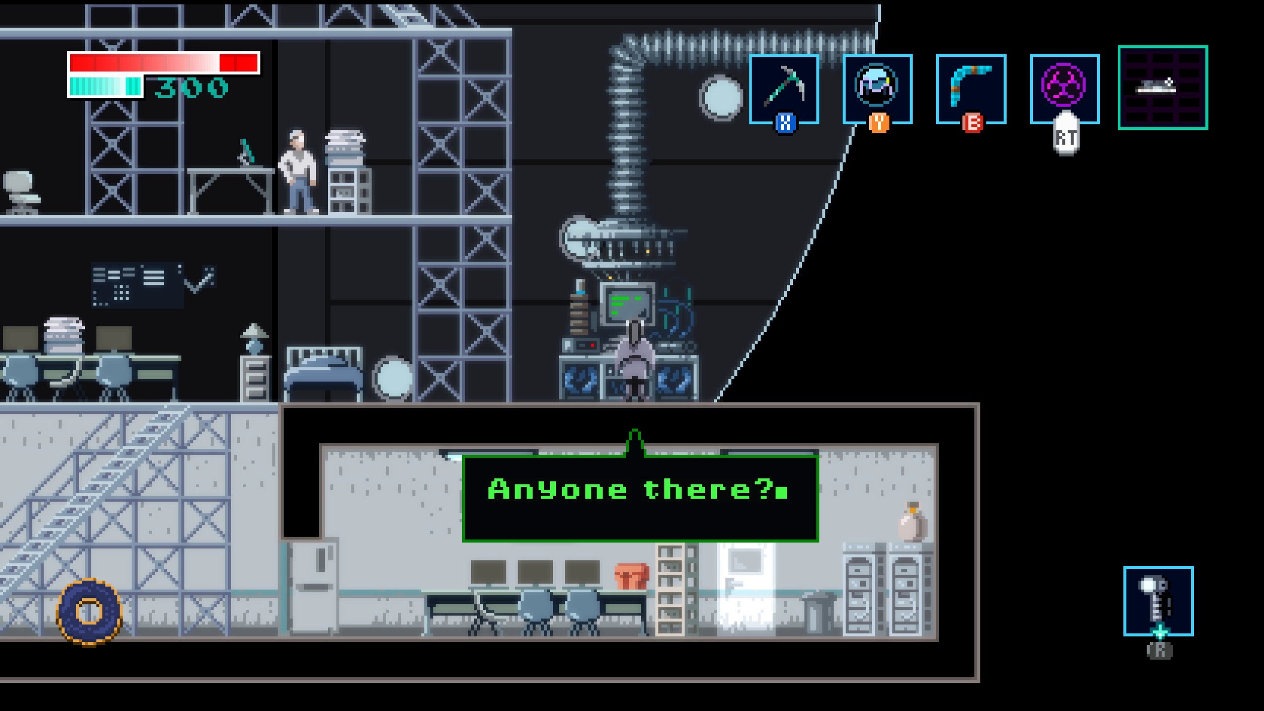 A woman stands at a computer in a lab in Axiom Verge 2