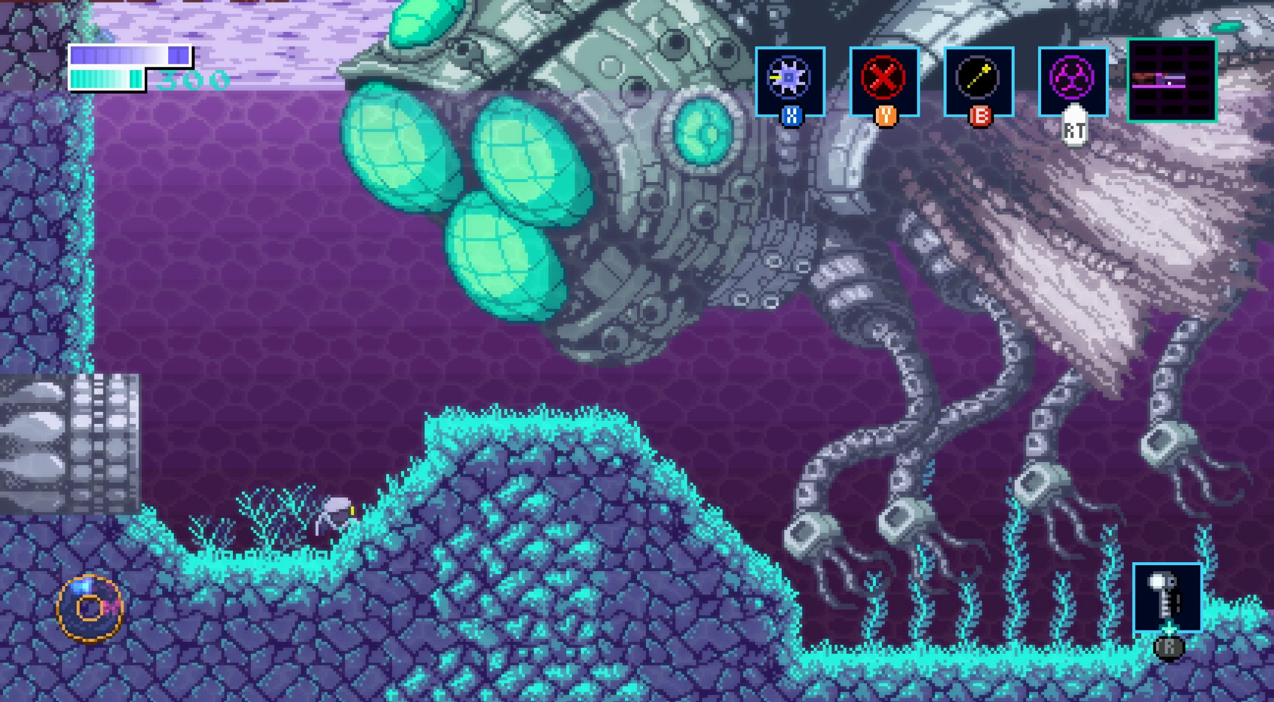 A small robot comes face to face with a giant fly robot in Axiom Verge 2