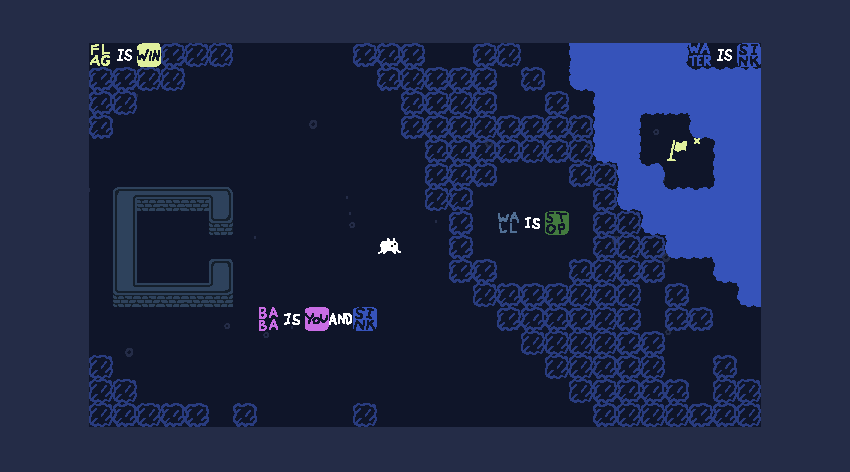 A watery puzzle in a screenshot from Baba Is You.