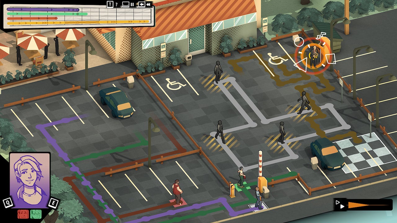 A level in Backbeat showing different characters moving around a carpark