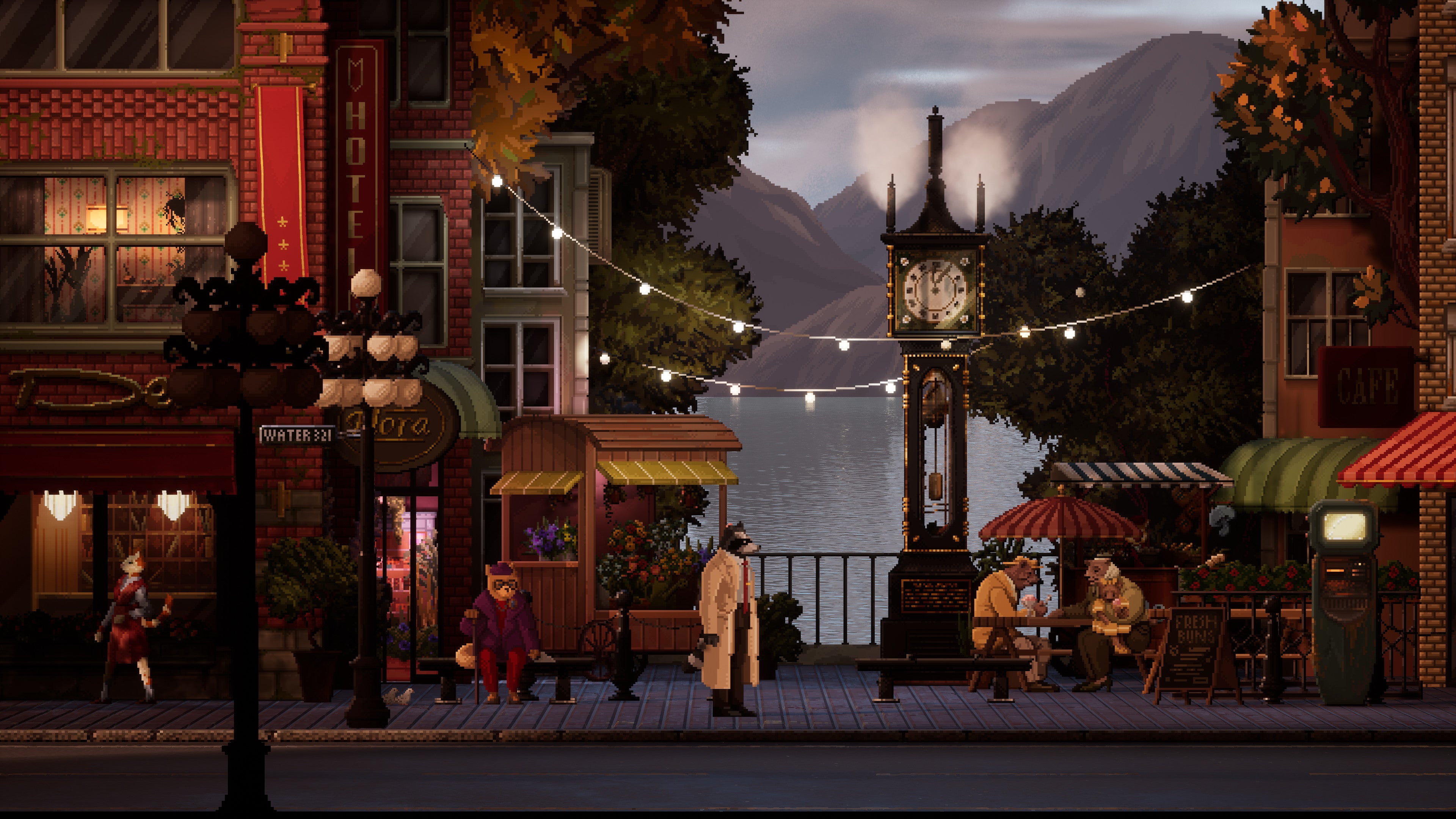 Backbone - Howard the raccoon detective stands on the sidewalk of a city block overlooking the water. Nearby are a flower cart, other animal people at a picnic bench, a gothic-style city clock, and string lights between buildings.