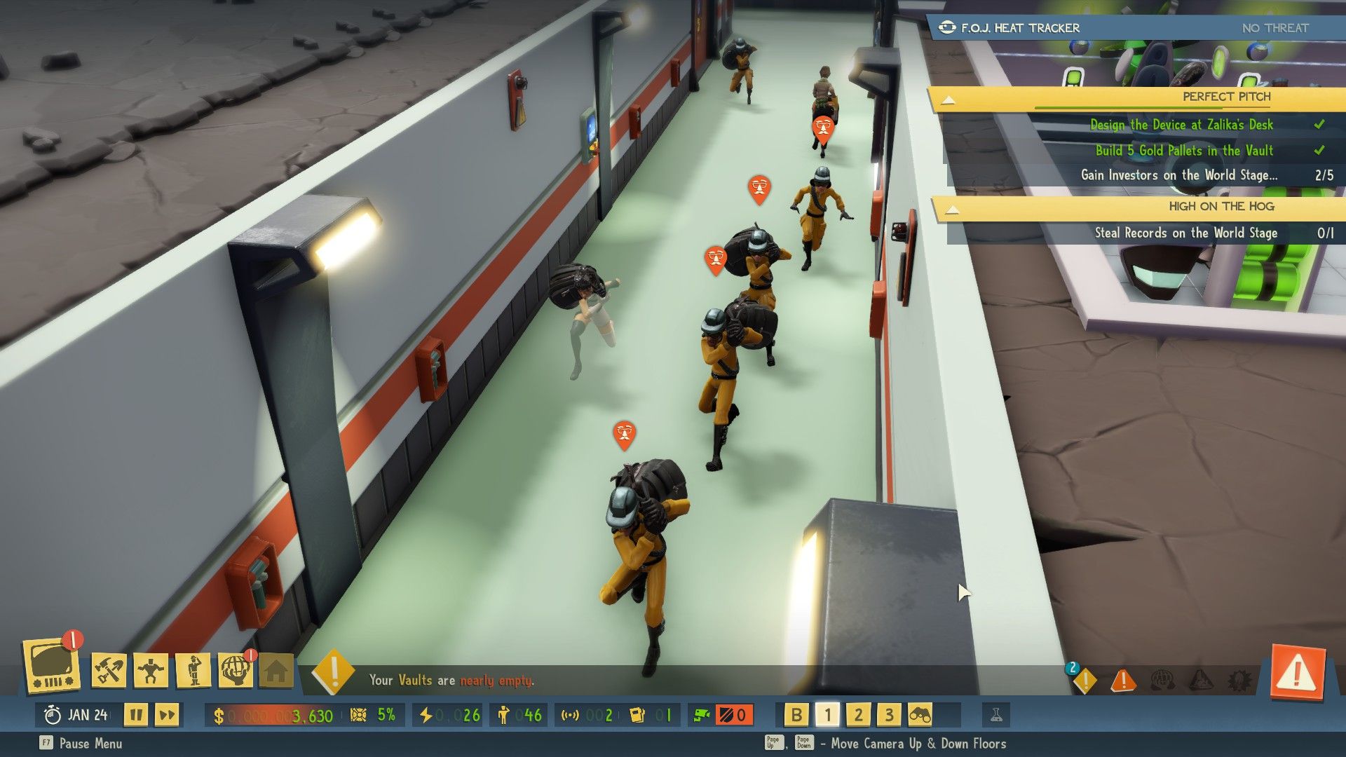 A hallway in a lair in Evil Genius 2 showing several minions targeting a very obvious enemy spy
