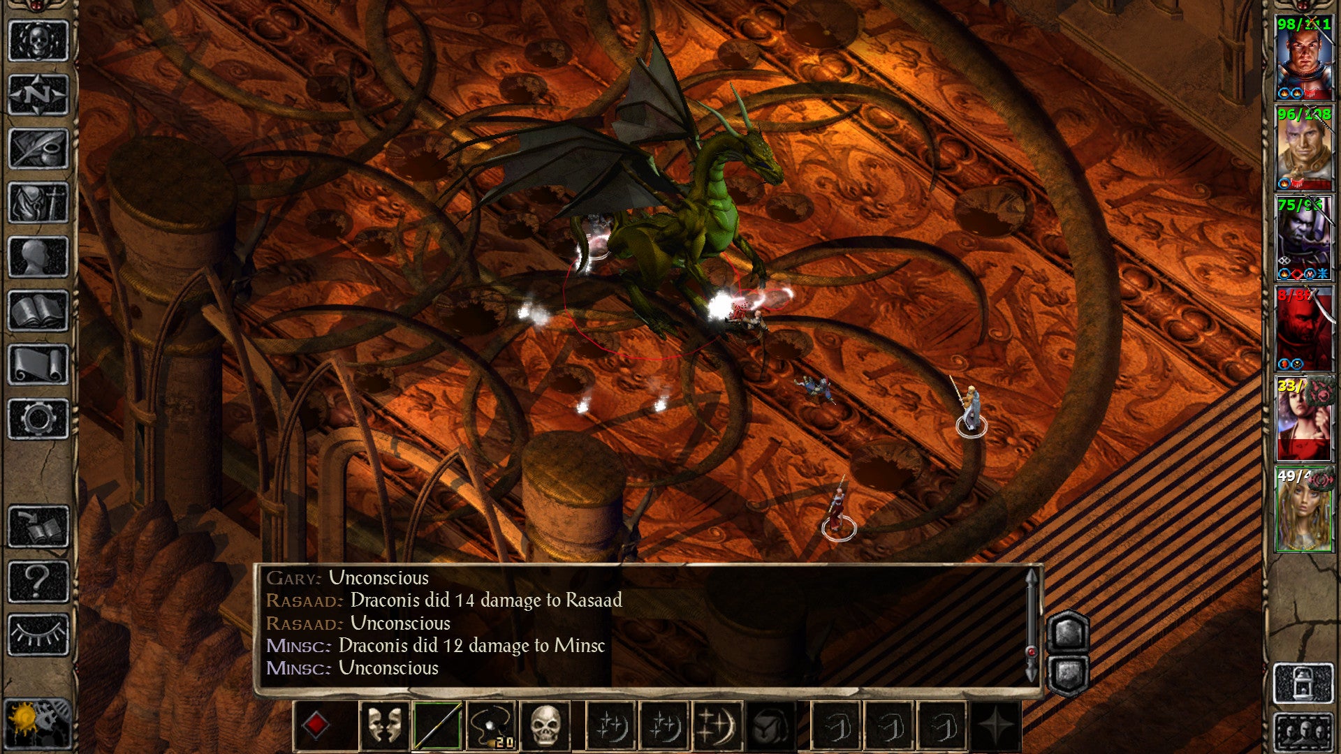 Warriors fight a large green dragon in Baldur's Gate 2: Enhanced Edition